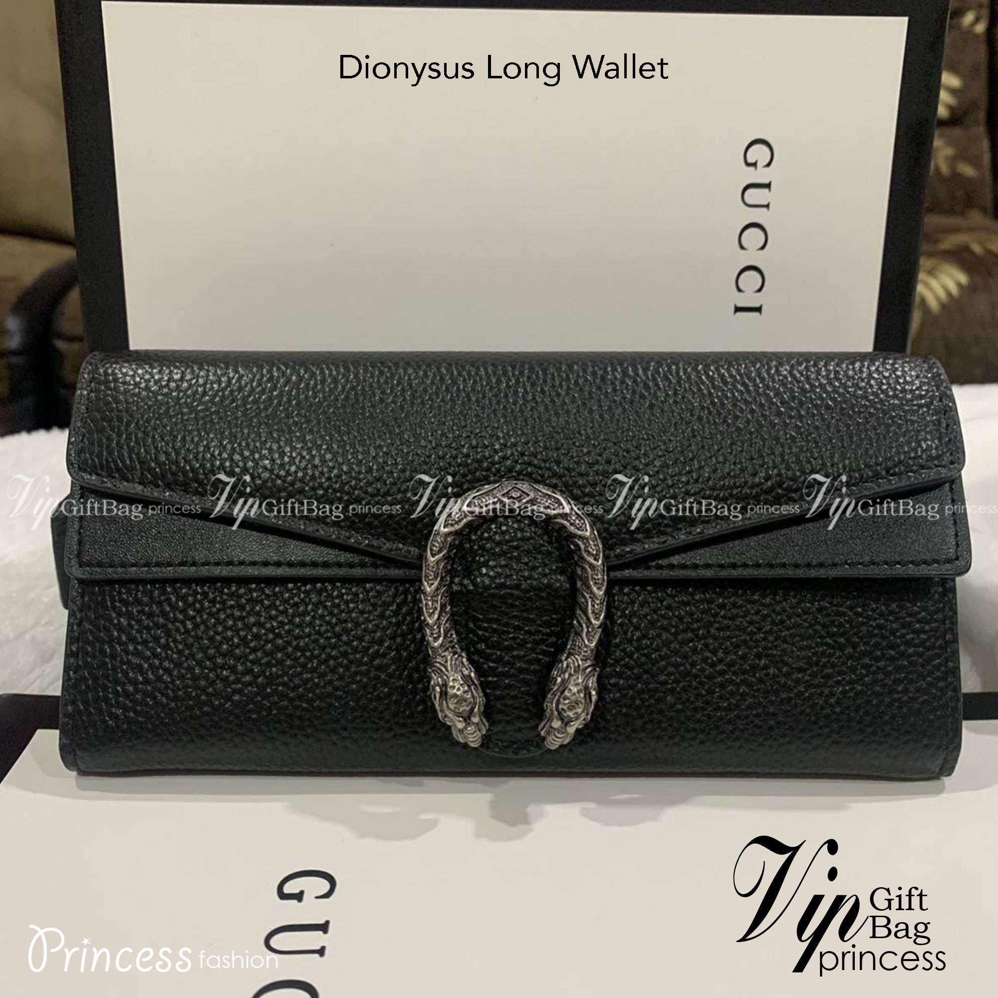GUCCI Dionysus Long Wallet กระเป๋าสตางค์ใบยาว ดีไซน์อะไหล่สีรมควันทรงโค้งรูปหัวสิงโต วัสดุหนังแกะสังเคราะห์ หนังเงาสวยมาก