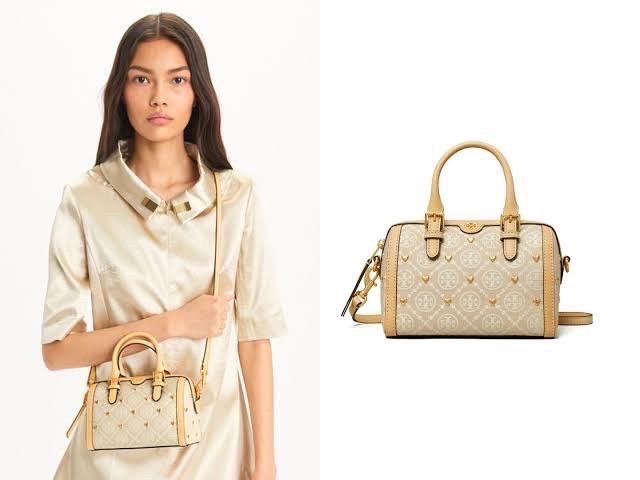 TORY BURCH T MONOGRAM Mini Jacquard Wine Barrel Bag ivory multi heart shape / Tory Boston Bag กระเป๋าทรงหมอนบอสตั้นแต่งหัวใจสีทองสวยหรู น่ารักรุ่นใหม่ล่าสุด เกรดท็อปออริ เทียบแท้ 1:1 เกรดดีสุด ใช้งานต่างประเทศได้
