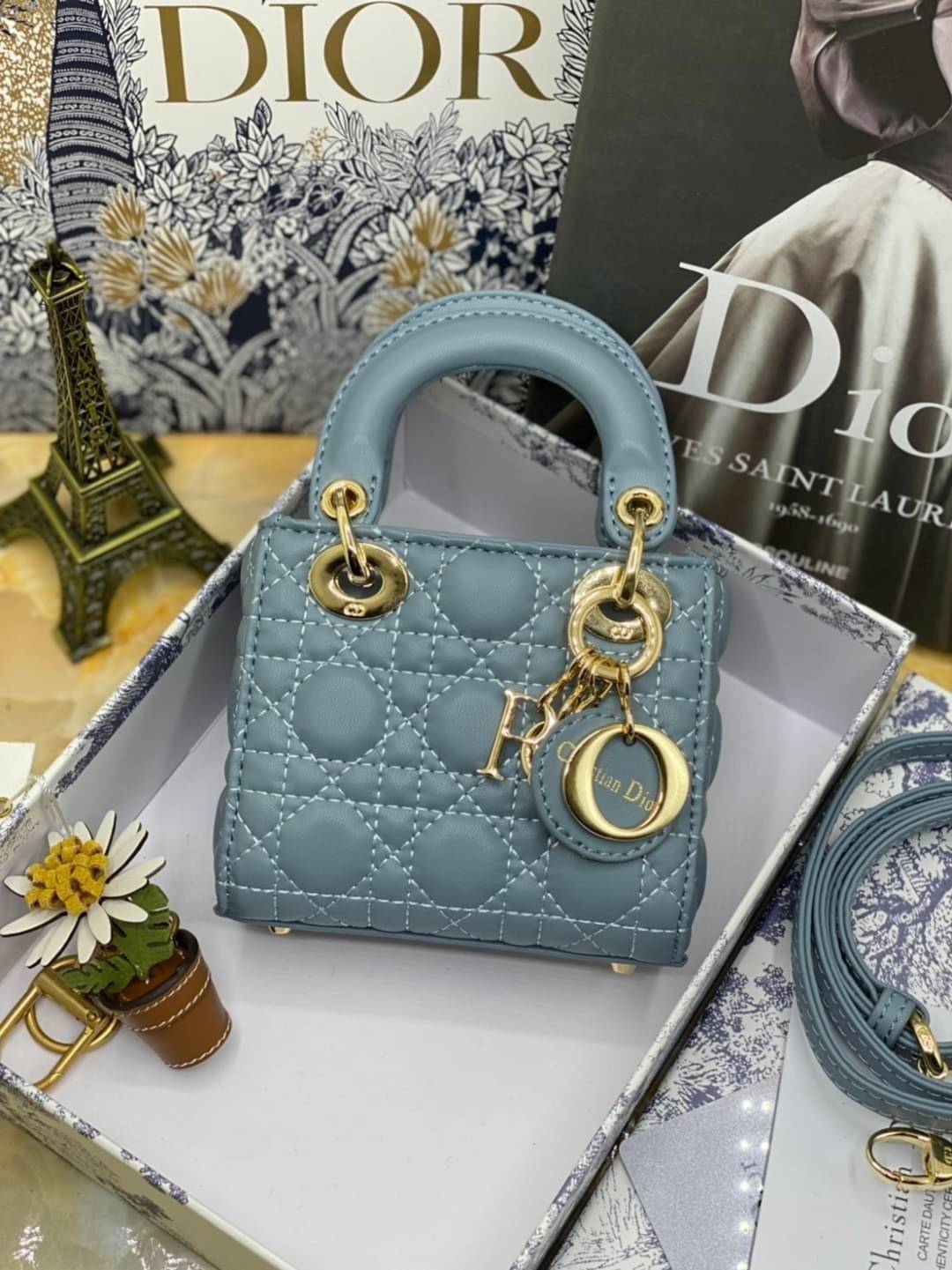VIP 】หนังแท้ CHRISTIAN DIOR MICRO LADY DIOR BAG Cannage Lambskin