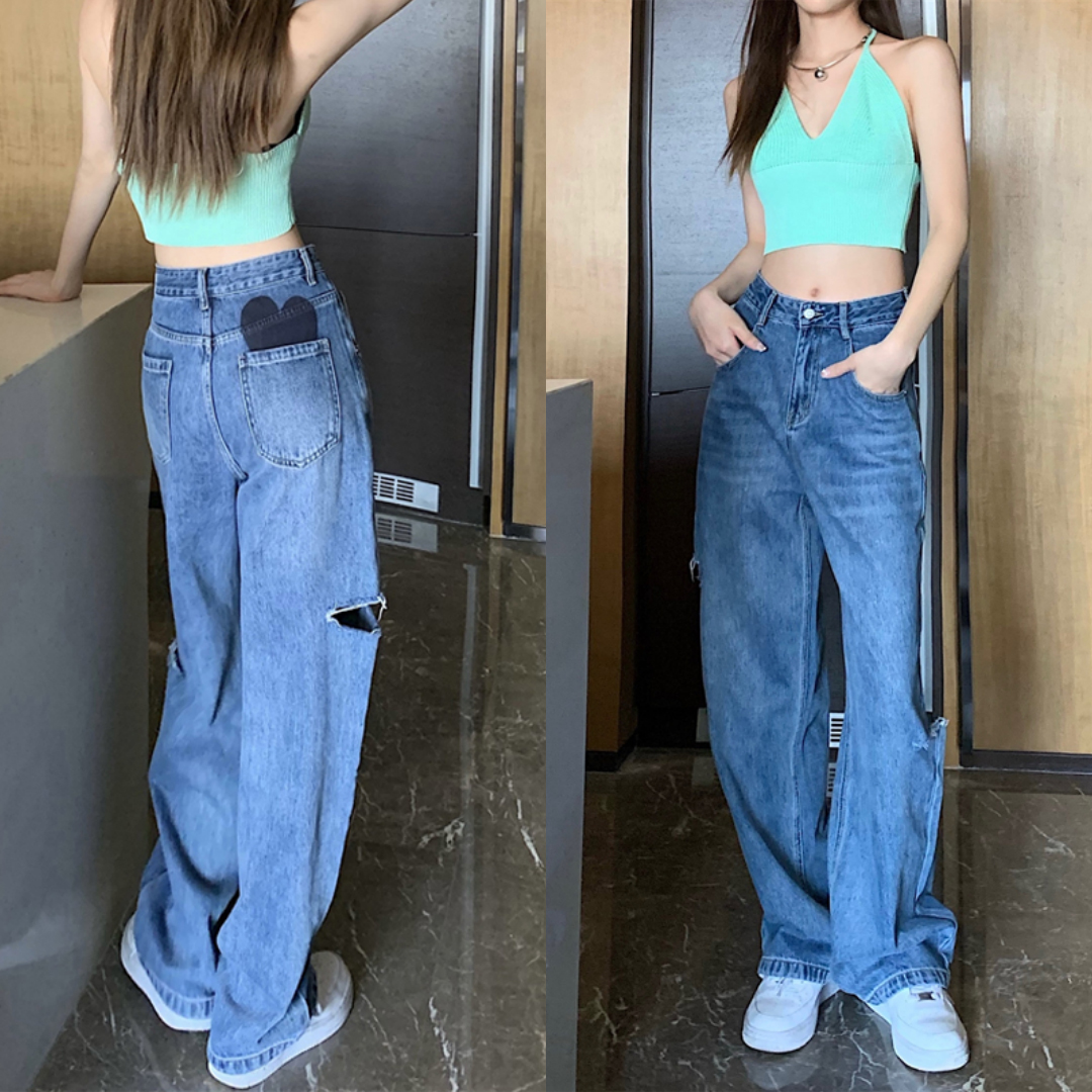 พร้อมส่ง 🗼🏏 Jeans lover กางเกงยีนส์ขายาวปักลายหัวใจ (37217)