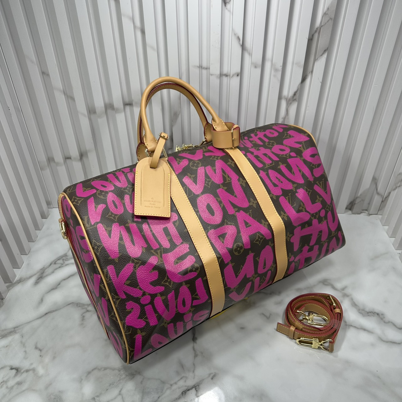 ORI หนังแท้ | LV Stephen Sprouse Graffiti Keepall 42cm กระเป๋าสะพายทรงคีฟออลใบใหญ่ ลวดลายตัวอักษรกราฟฟิกเต็มใบ
