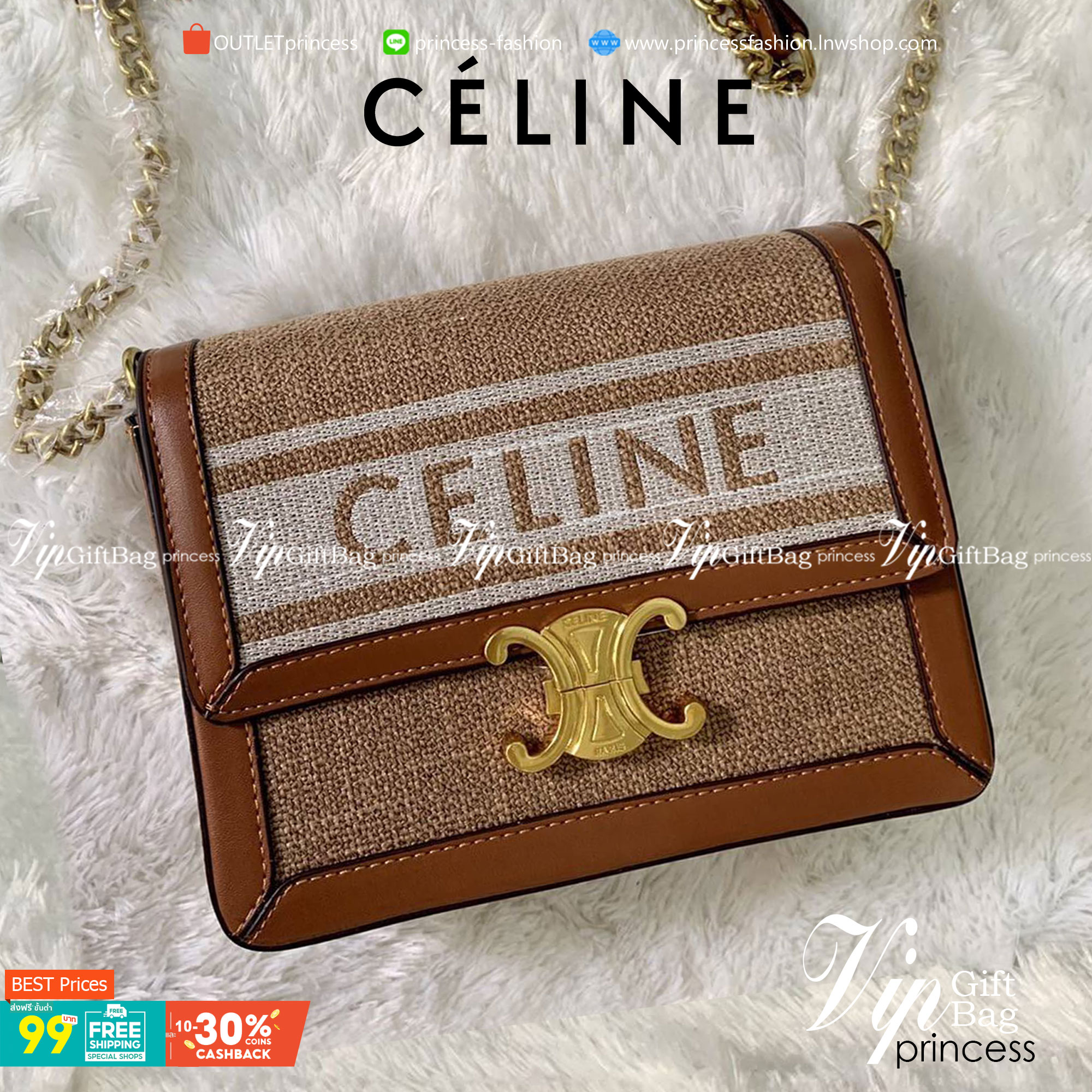 CELINE TRIOMPHE BAG VIP GIFT WITH PURCHASE (GWP) พรีเมี่ยมกิ๊ฟ Limited Edition จาก CELINE PERFUME DUTYFREE COUNTER วัสดุ Textile Canvas & CalfSkin ดีไซน์ทรงสี่เหลี่ยมผืนผ้า อะไหล่ทอง ด้านหน้าปักโลโก้แบรนด์เด่นชัด ด้านหลังมีช่องสำหรับใส่ของอีก 1 ช่อง สายสะ