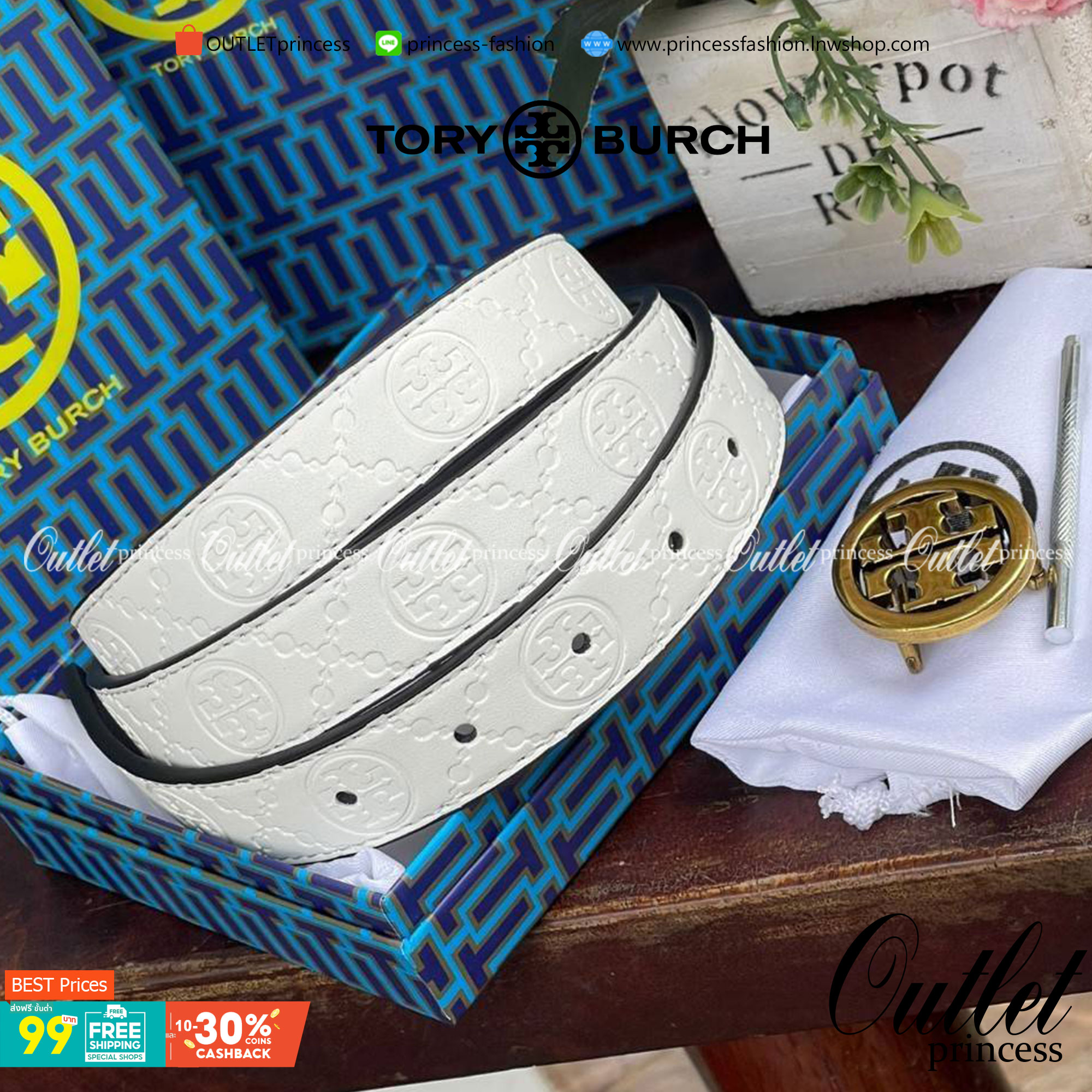 Tory burch Midnight with Tag Logo Monogram Embossed Leather Belt เป็นเข็มขัดที่ตอบโจทย์ของคุณได้อย่างลงตัวทุกสไตล์การแต่งตัว ไม่ว่าจะใส่คู่กับเดรสหรือกางเกงยีนส์ก็ดูดีทีเดียว เพราะหัวเข็มขัดโดดเด่นด้วยดีไซน์ทรงกลมรูป Double T ที่เป็นสัญลักษณ์ประจำแบรนด์ ส