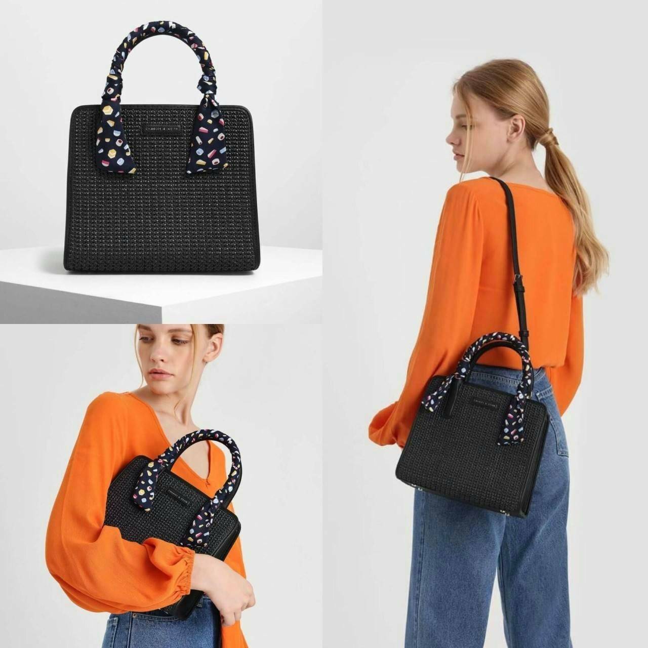 CHARLES & KEITH SATIN SCARF WRAPPED WOVEN BAG กระเป๋าถือ/สะพายอยู่ทรง มีผ้าพันหูกระเป๋าให้ 1 เส้น มีหมุดรองฐานทั้ง 4 มุม ที่ด้านหน้าทำ texture สวยงาม เปิดปิดด้วยกระดุมแม่เหล็ก ด้สนในมีช่องซิปเล็ก 1 ช่อง รุ่นนี้จุของได้เยอะ ใส่ iPad mini ได้สบายๆค่า สายสะพ