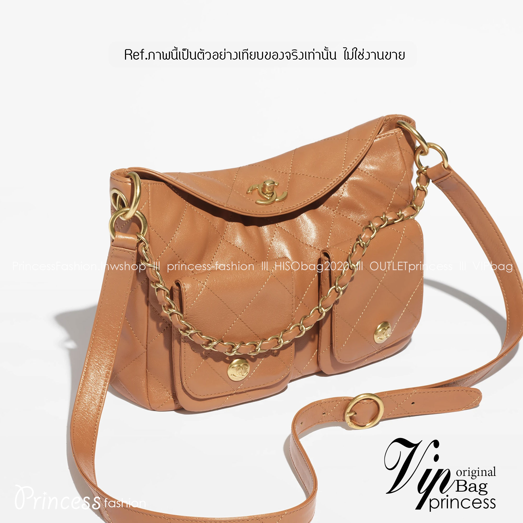 25cm CHANEL HOBO HANDBAG Shiny Leather & Gold-Tone Metal Camel กระเป๋าทรงโฮโบ งานหนังเต็มใบ เกรดออริ สลับแท้ 1:1 ใช้งานต่างประเทศได้