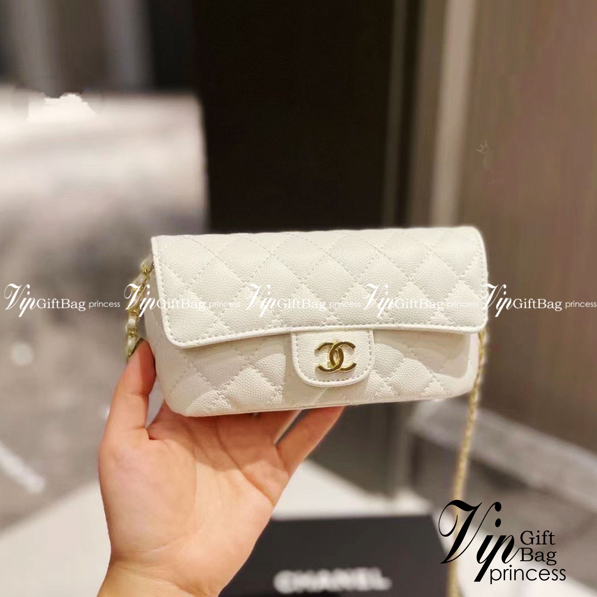 vipCHANEL Glasses Case with Classic Chain กระเป๋าสะพายไซส์มินิสุดคลาสสิค หนังคาเวียร์ เงาสวย มาพร้อมสายโซ่อะไหล่ทอง