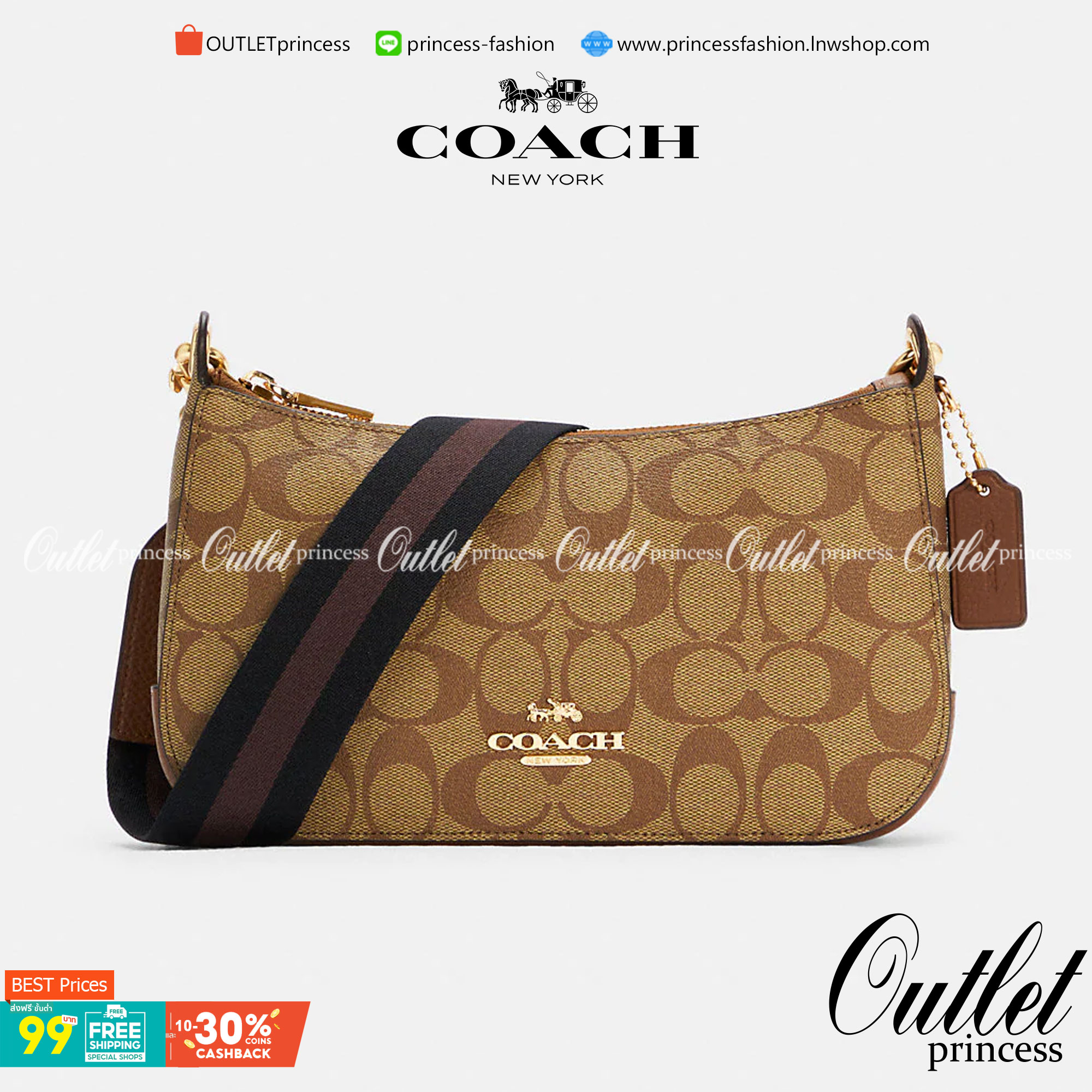 OUTLET 】COACH JES BAGUETTE IN SIGNATURE CANVAS (C7264) GOLD/KHAKI SADDLE สินค้าพร้อมส่งที่ไทย