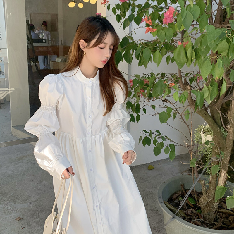 พร้อมส่ง 🧺🧽🧸 White winna dress เดรสแขนยาวคอจีนแต่งแขนระบายน่ารัก (IN36677)