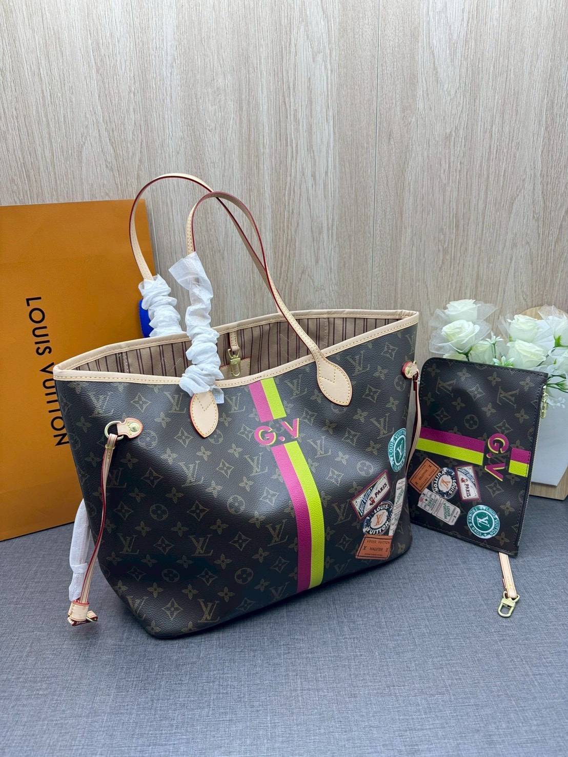 ORI หนังแท้ | LV Neverfull MM Mon Monogram Meridian / LV Tote Bag กระเป๋าสะพายทรงโท้ทใบใหญ่ ลายทางคาดหน้าสไตน์ท่องเที่ยว