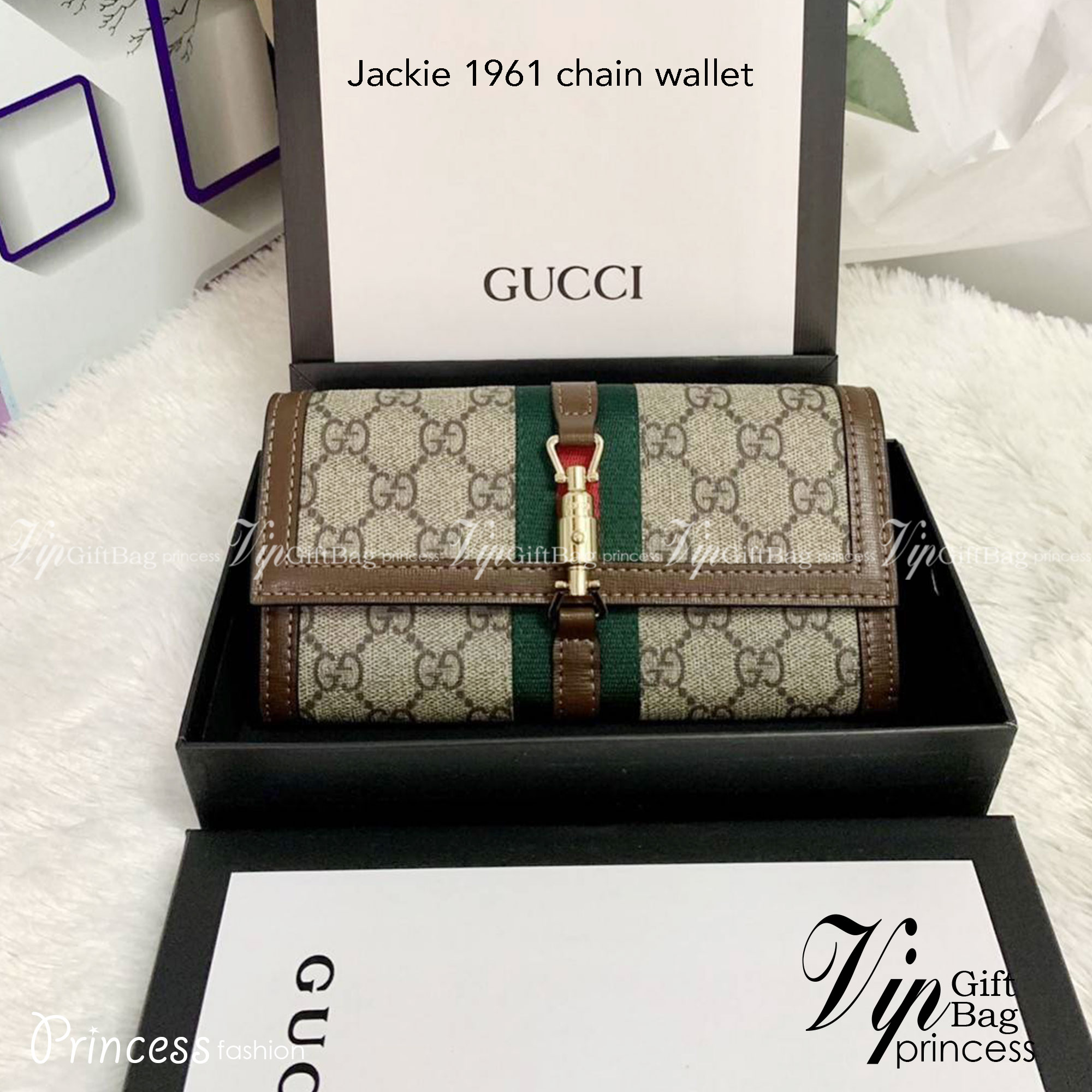 GUCCI Jackie 1961 chain wallet กระเป๋าสตางค์ใบยาวพร้อมสายสะพายโซ่สีทอง ขนาดพกพา หยิบจับถนัดมือ