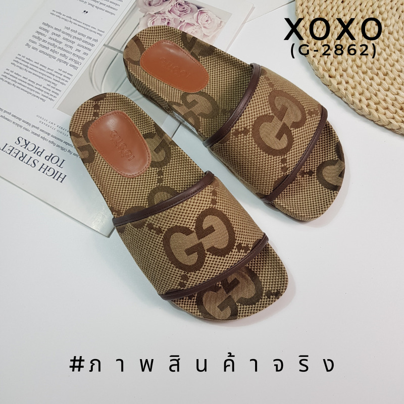 GUCCI รองเท้าแตะ GG jumbo ลายผ้าแบรนด์ นุ่ม ใส่สบ่ย กระชับ น้ำหยักเบา แมทส์ชุดง่าย