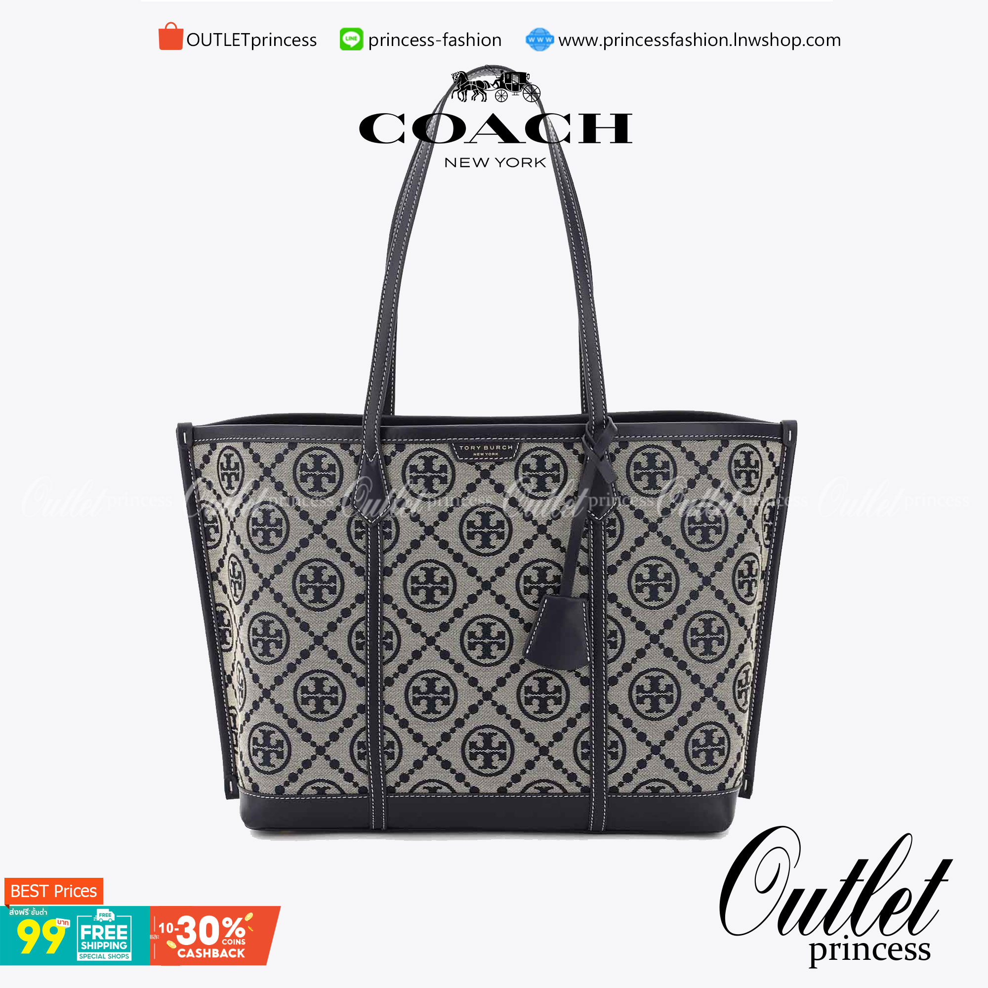 TORY BURCH T MONOGRAM TRIPLE - COMPARTMENT TOTE กระเป๋า/สะพายไหล่ทรง SHOPPING BAG วัสดุผ้าผ้าแคสวาสปักลายสัญลักษณ์แบรนด์ ตั้งอยู่ทรง สวยหรู ดูแพง จุของได้เยอะมาก ภายในแยกเป็น 2 ช่องหลัก 1 ช่องซิปตรงกลาง แบ่งเป็นสัดส่วนใช้งาน