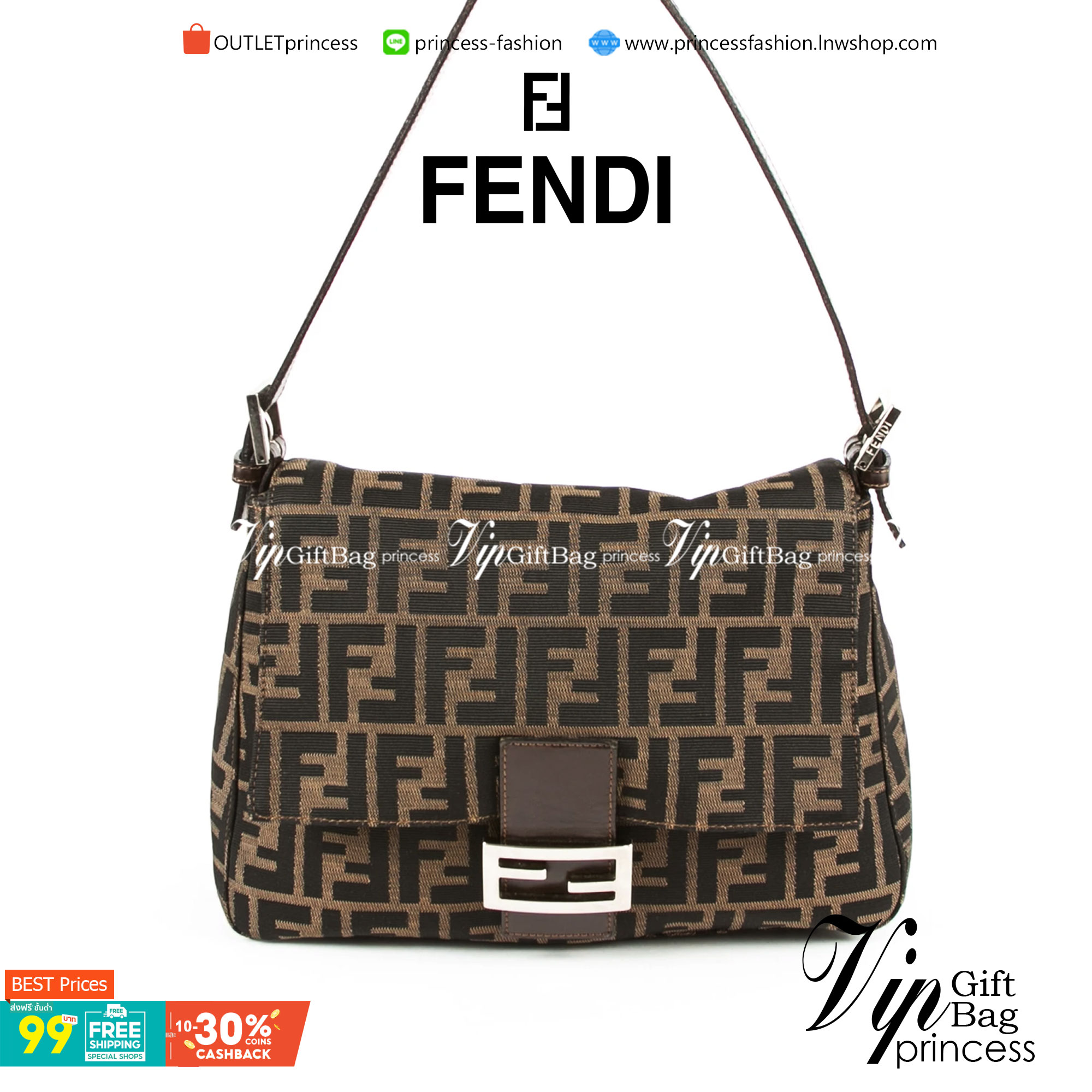 FENDI MAMMA BAGUETTE ZUCCA BROWN FABRIC BAG (GWP) พรีเมี่ยมกิ๊ฟ Limited Edition จาก FENDI วัสดุ CANVAS พิมพ์ลายแบรนด์ เปิดปิดด้วยฝาปิดกระดุมแม่เหล็ก ภายในมีช่องซิป ใส่ของแยกอีกช่อง สามารถใส่กระเป๋าสตางค์ยาว iphone เงิน ของจุกจิกได้ มาพร้อมสายสะพาย2แบบ ถอด