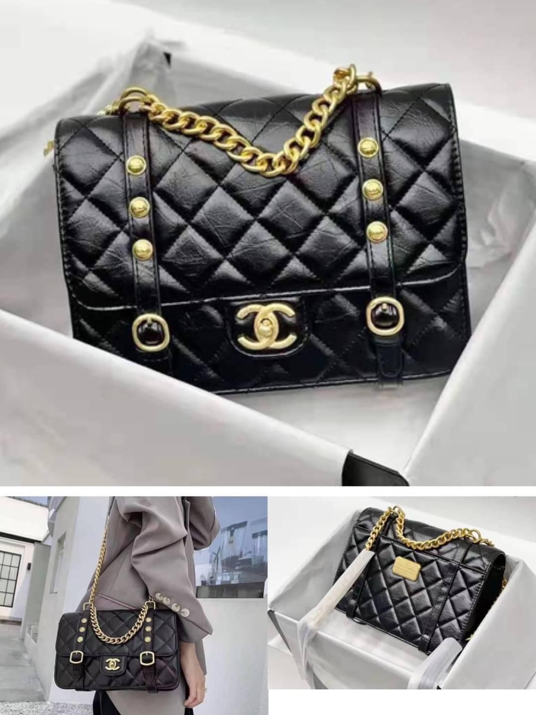 Chanel อเนกประสงค์ รุ่น Limited edition ลายตาราง ปักหมุดอะไหล่ทอง หนังแท้ น้ำหนักเบา มีช่องใส่ของจุกจิก เปิดปิดด้วยฝาปิดกระดุม มีช่องใส่บัตร ช่องซิป ช่องหลัง ใส่กระเป๋าสตางค์ใบยาว ได้ค่ะ ตัวจริงสวยมากๆถูกใจรีบจองนะคะ ใส่มือถือได้ทุกรุ่น สายสะพายโซ่+หนัง แ