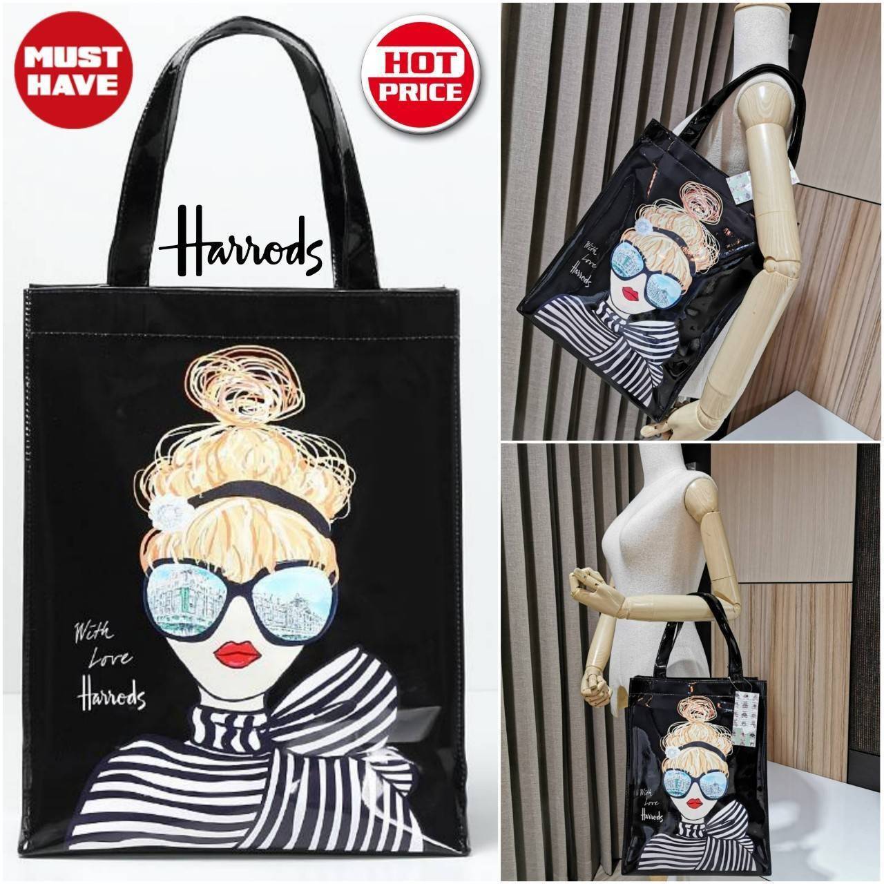 Harrods London Top-handle Shopping Bag (Large) กระเป๋า Shopping แบรนด์ดังจากอังกฤษไอเท็มยอดนิยมวัสดุ PVC+Polyester 100% ของแท้เนื้อหนาอยู่ทรงกันน้ำ ขนาดใหญ่กำลังดี รุ่นนี้ใส่เอกสาร A4 ได้ค่ะ เปิดปิดด้วยซิปสะดวกใช้ หัวซิปโลโก้แบรนด์อะไหล่เงินสวยดูดีภายในกว