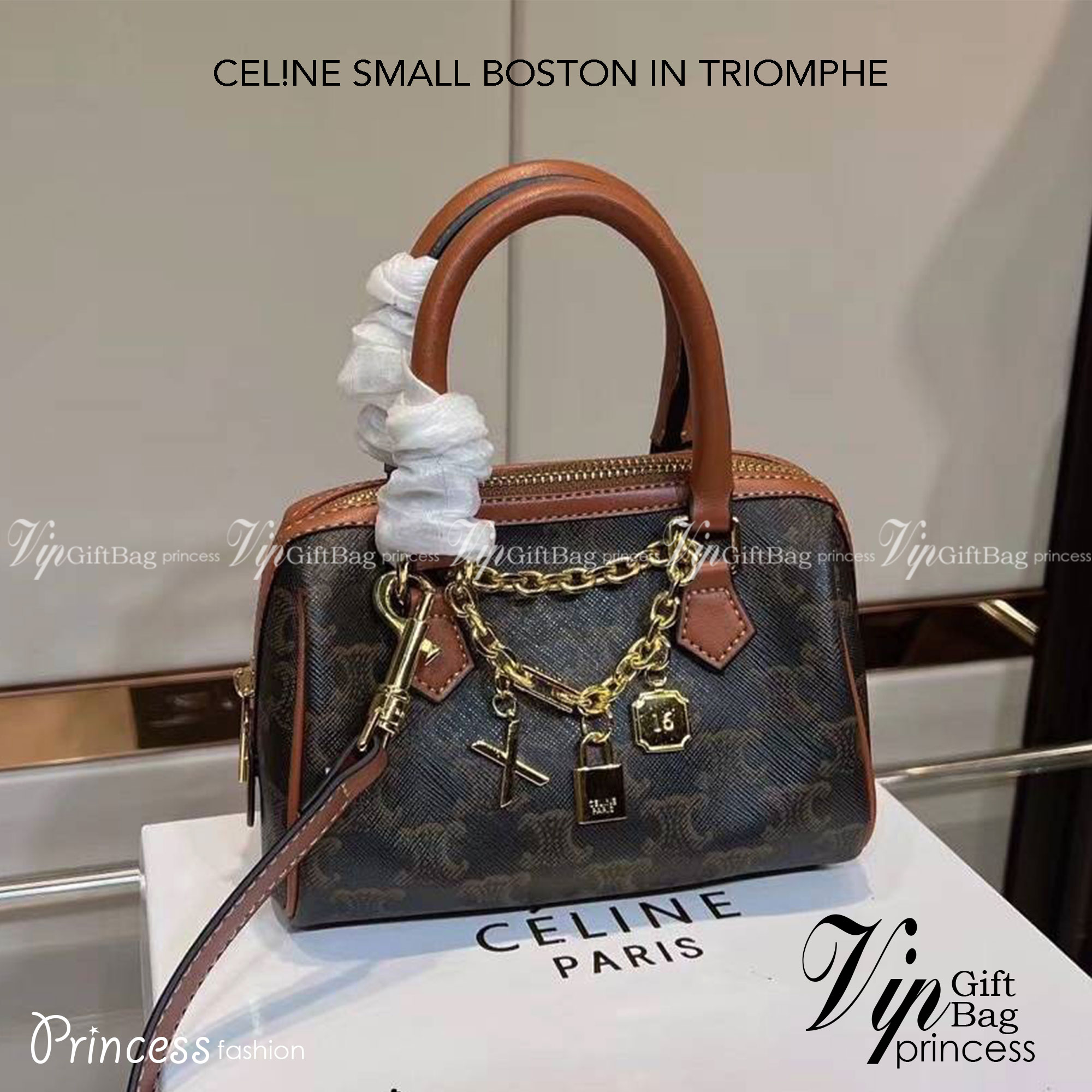 CELINE MINI BOSTON IN TRIOMPHE CANVAS / CELINE MINI CROSSBODY BAG VIP วัสดุแคนวาสหนังสวยอยู่ทรง ดีไซน์ยอดนิยมทรง Speedy ประดับสร้อย สายโซ่สีทองหรูเปิดปิดด้วยซิปคู่แบรนด์
