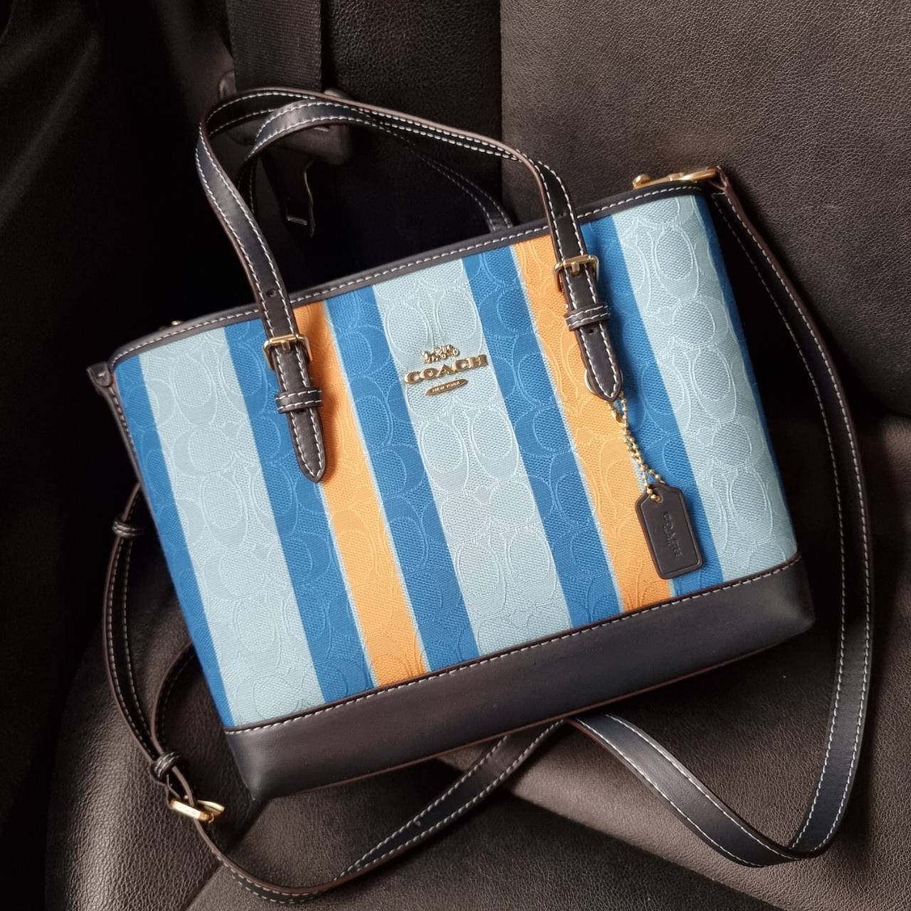 COACH C4086 MOLLIE TOTE 25 IN SIGNATURE JACQUARD WITH STRIPES แจกความสดใสด้วยลุคคัลเลอร์ฟูล กระเป๋าทรงโท้ท มินิไซส์ ตกแต่งลายเอกลักษณ์ถักทออยู่บนผ้า jacquard ตัดกับลายเส้นสีสันสวยงาม ลงตัวไม่ซ้ำใคร ภายในเป็นช่องโล่ง มีช่องซิปกลางใส่ของได้ ขนาดกำลังดีแบบใส