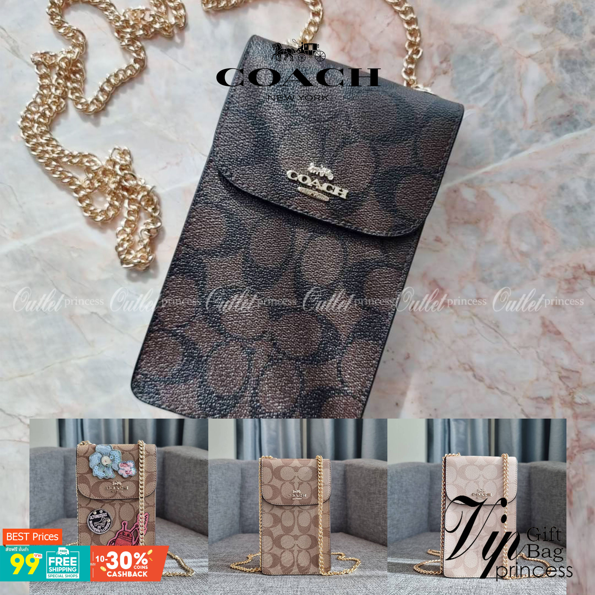 COACH NORTH/SOUTH PHONE CROSSBODY IN SIGNATURE CANVAS F55636 F39955 สุดคลาสสิคกับกระเป๋าสะพายเอนกประสงค์ Case phone ใส่โทรศัพท์มือถือได้ทุกรุ่น ดีไซน์ลายเอกลักษณ์ วัสดุหนังแคนวาสเคลือบลาย ฝาและภายในเป็นหนังสังเคราะห์เรียบ เปิด-ปิดด้วยกระดุม สายสะพายยาวประ