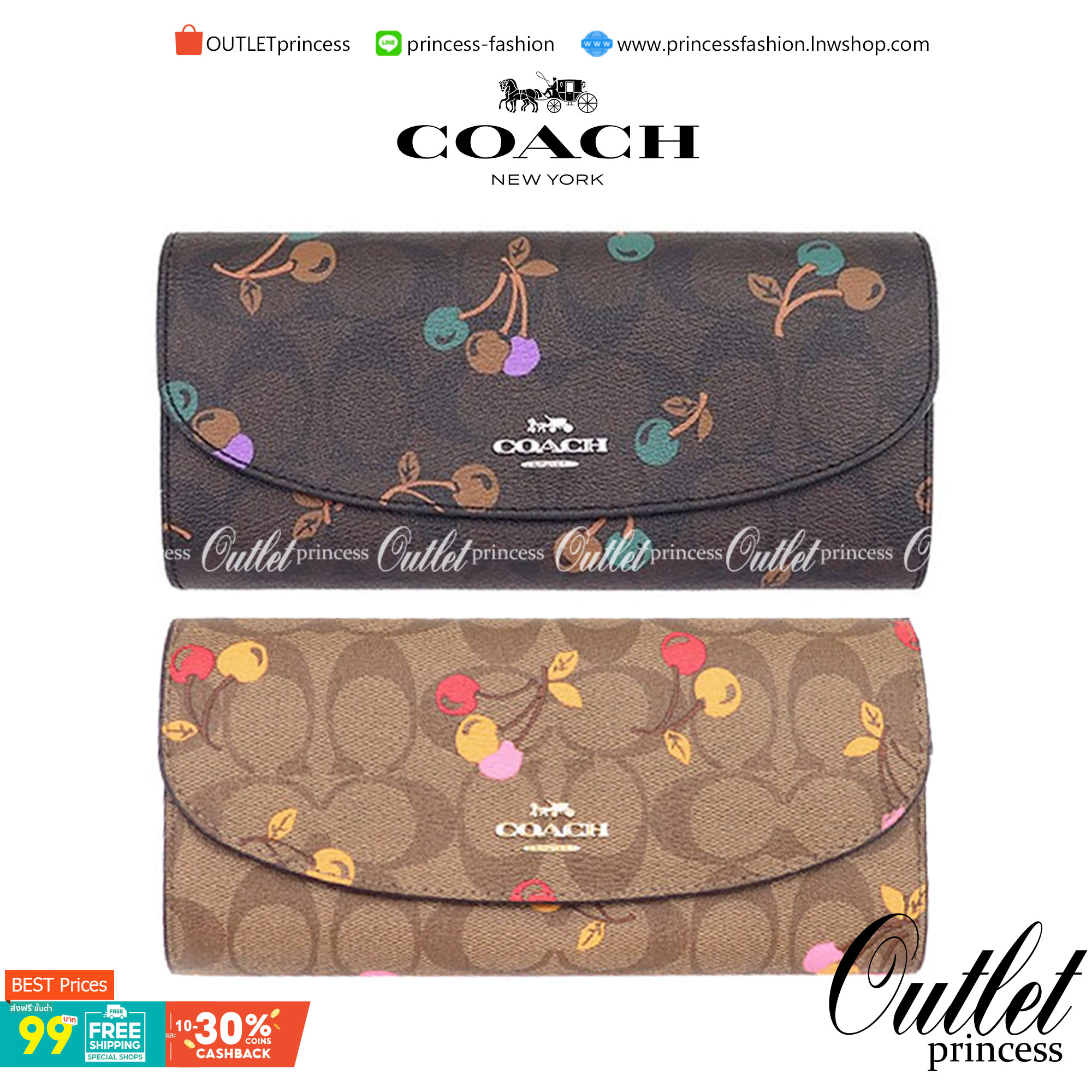 OUTLET 】COACH F31562 SLIM ENVELOPE WALLET IN SIGNATURE CANVAS WITH CHERRY PRINT คอลเลคชั่นใหม่ล่าสุด ต้อนรับนิวเยียร์ไปเลย!! 🍒🎊 กระเป๋าสตางค์รุ่นขายดี ทรงจดหมายรุ่นฝาพับ ดีไซน์ลายเชอร์รี่ น่ารักสดใส วัสดุหนังแคนวาสเคลือบลาย ภายในใส่มือถือไ