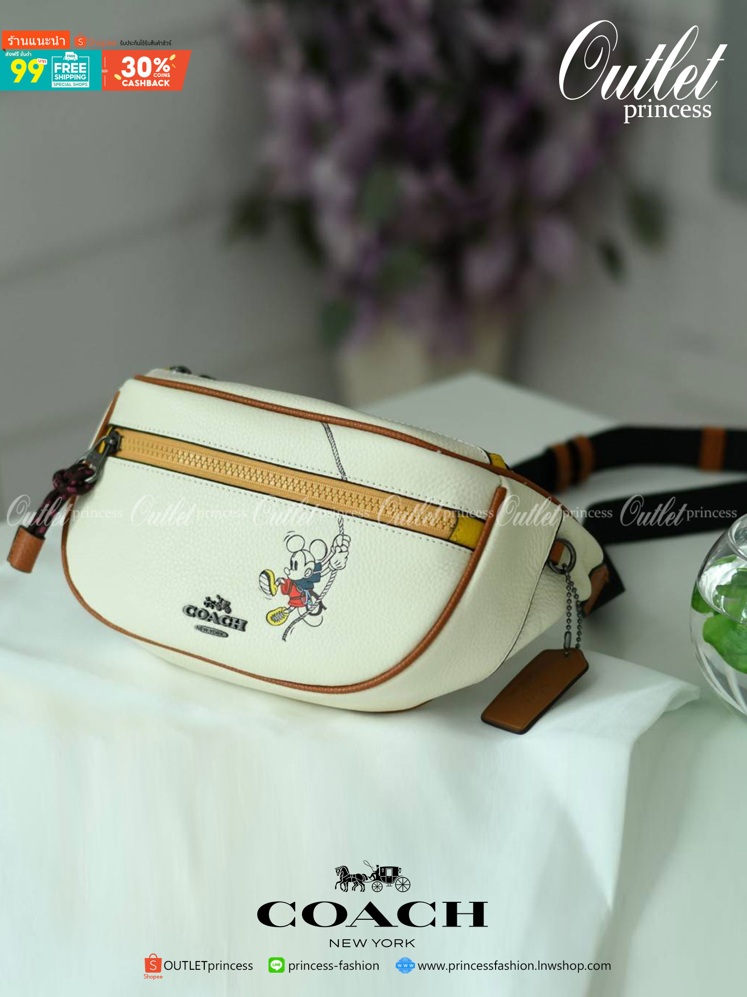 ของแท้ 💯% Coach Micky Mouse Disney Chest Bag 3747 collection Japan Limited Edition Women’s Full Leather กระเป๋าสะพายคาดอก/เอว ขนาดพอเหมาะ ใส่มือถือ iphone+ เปิดปิดด้วยซิป ด้านหน้ามี Logo mickey mouse