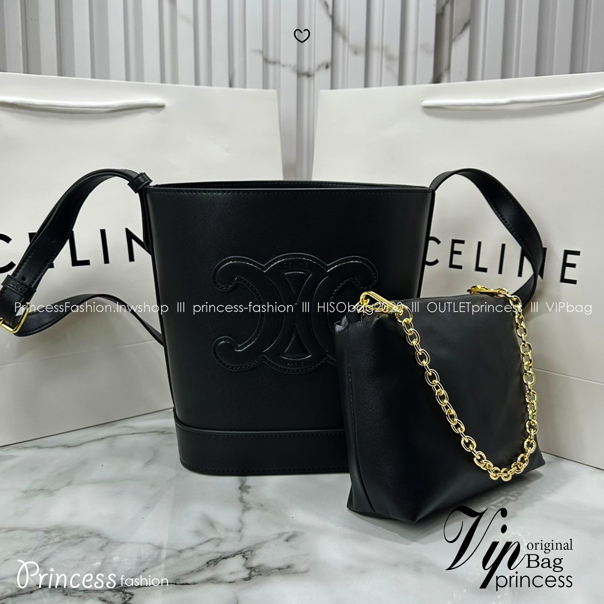 CELINE BUCKET CUIR TRIOMPHE in Smooth กระเป๋าสะพายทรงบัคเก็ต พิเศษพร้อมใบลูกสะดวกใช้งาน รุ่นฮิตข้ามปี งานหนังแท้สวยเรียบหรู ผู้ดีไปอีก โดดเด่นด้วยโลโก้เอกลักษณ์