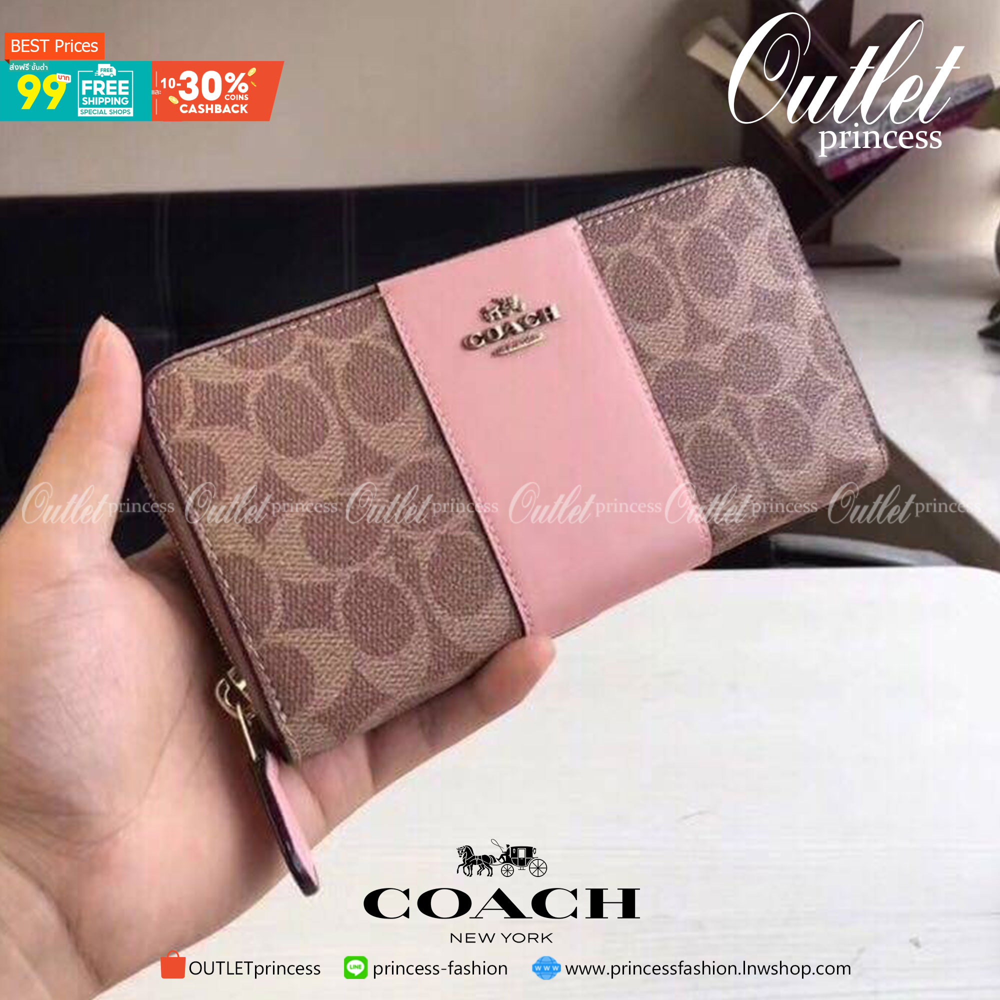 COACH Accordion Zip Wallet in Signature Coated Canvas with Leather กระเป๋าสตางค์ใบยาว เปิด-ปิดกระเป๋าด้วยซิปรอบ ด้านในมีช่องใส่บัตร ช่องใส่ธนบัตร และช่องซิปใส่เหรียญค่ะ