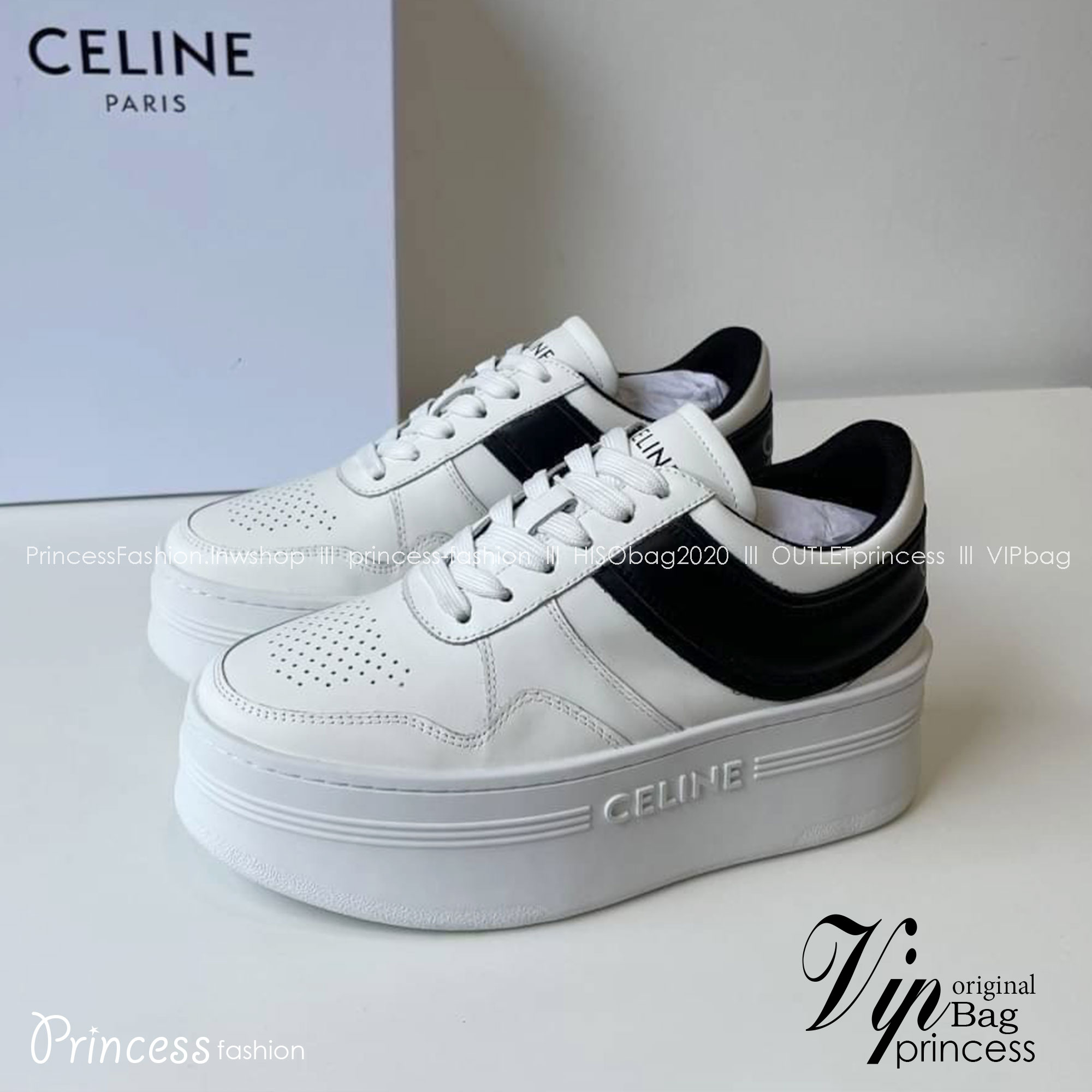 CELINE SNEAKERS / CELINE BLOCK SNEAKERS WITH WEDGE OUTSOLE IN CALFSKIN เกรดออริ สลับแท้ (พร้อมส่งที่ไทย) ใช้งานต่างประเทศได้ หนังสวยลายพิมพ์คมชัด ภาพถ่ายจากงานจริง