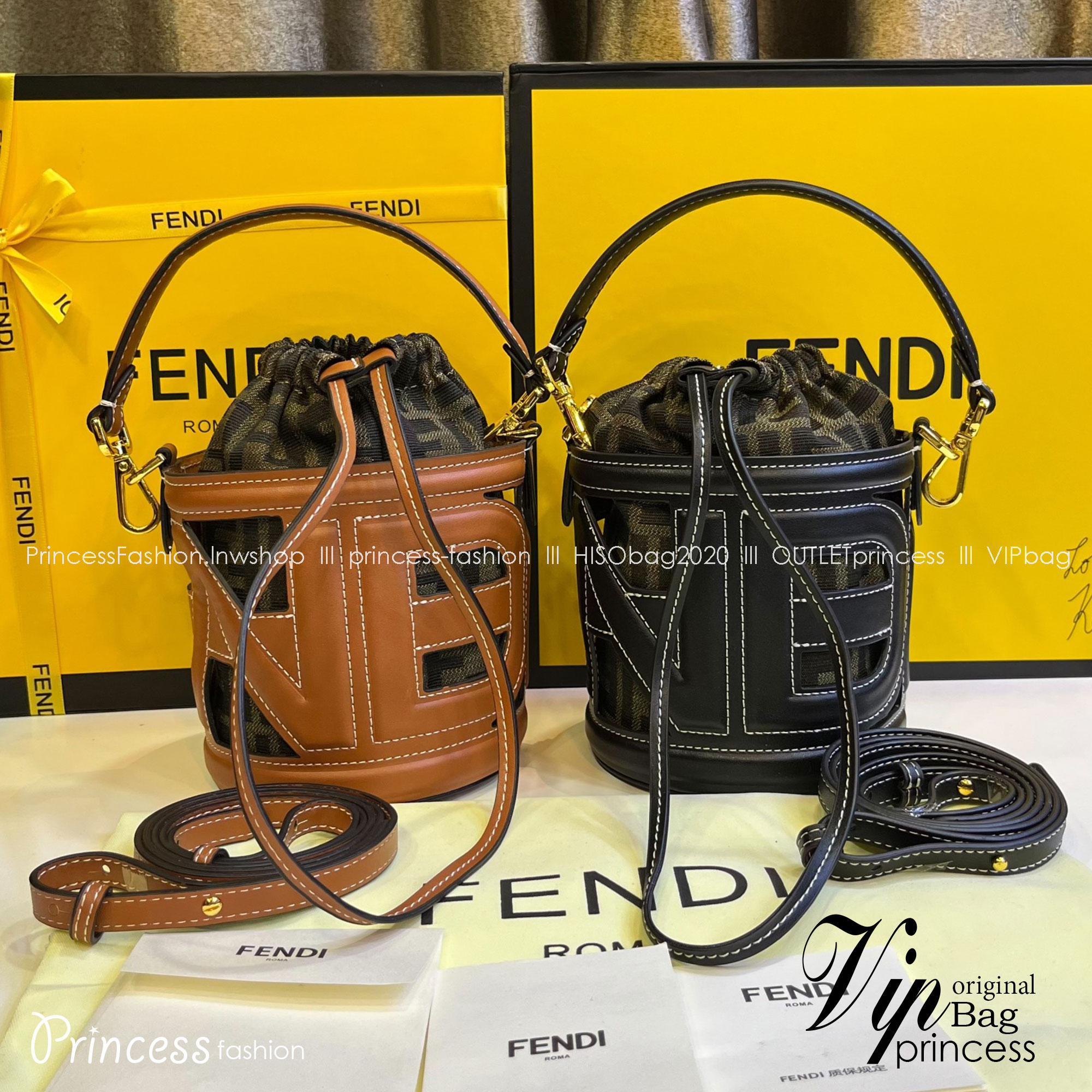 พร้อมส่ง 2 สี FENDI Step Out canvas bucket bag MINI 13cm กระเป๋าสะพายทรงบัคเก็ต ไซส์มินิ เกรดออริ สลับแท้ 1:1 ใช้ต่างประเทศได้