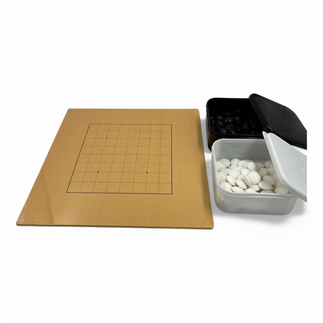 ชุดกระดานหมากล้อมไม้บาง0.5cm 9และ13าส้น.พร้อมเม็ดหมากเมลามีนนูนสองด้านฝั่งละ90เม็ดพร้อมโถสี่เหลี่ยม