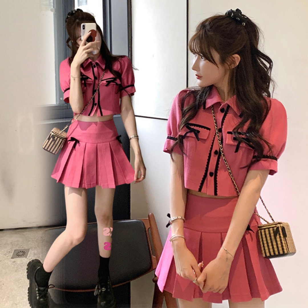 พร้อมส่ง ⛵️🩰 Yuniko set เซตเสื้อแขนสั้นแต่งโบว์สีดำ กระโปรงอัดพลีทแต่งโบว์เข้าเซท (แยกชิ้น) (IN38156)