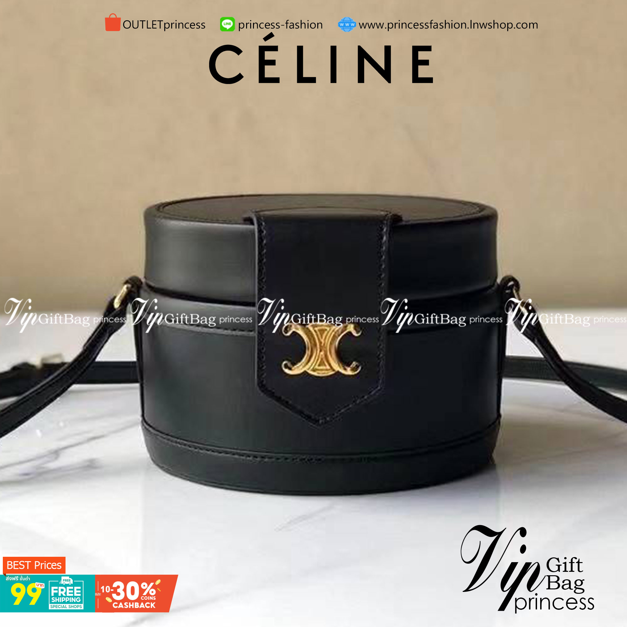 CELINE MEDIUM TAMBOUR IN SMOOTH CALFSKIN BAG กระเป๋าทรงกลมสวยหรูอยู่ทรงเปิดปิดด้วยฝาปิดกระดุมโลโก้แบรนด์ ภายในโล่ง