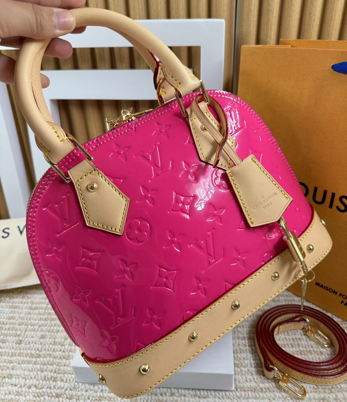 LV Alma BB Monogram Vernis Leather New Remix Colorful Chic and Yellow | Sky | Neon Pink กระเป๋าสะพายสีพาสเทล เกรดออริ สลับแท้ 1:1