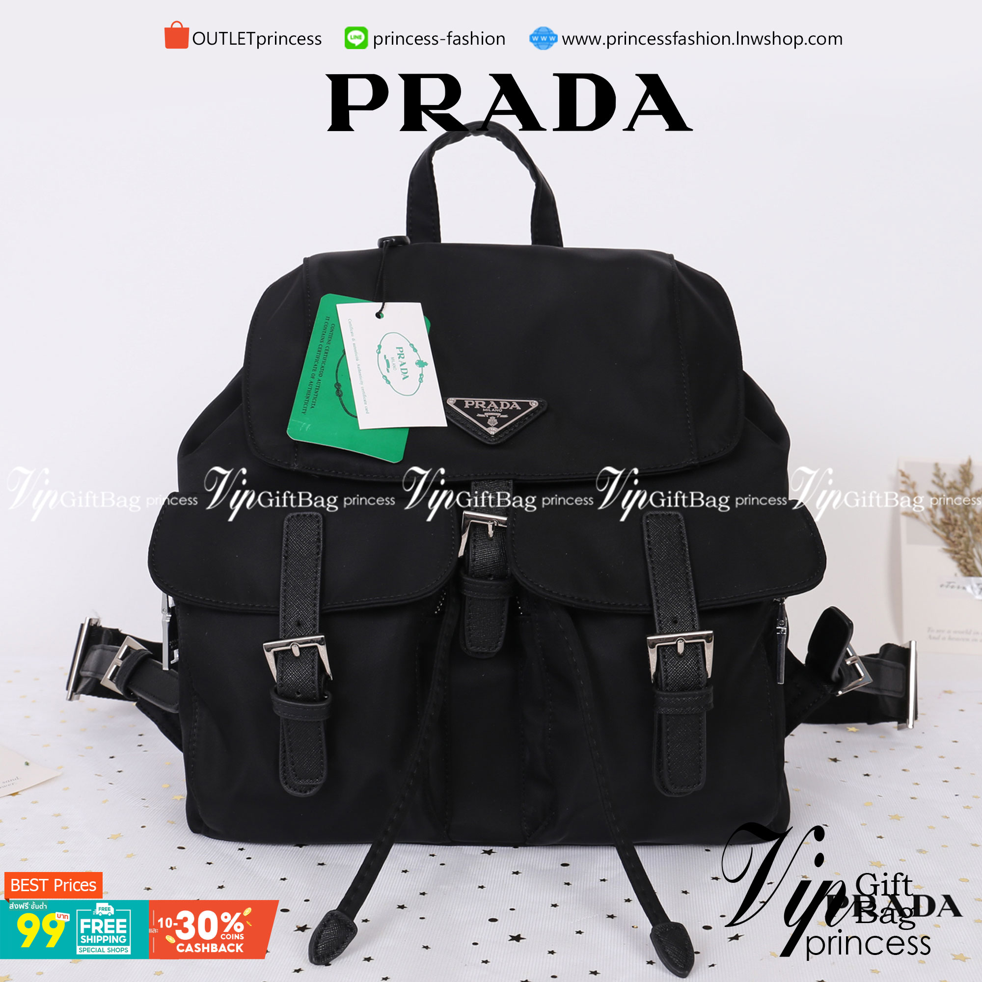 PRADA premium gift Nylon Backpack With Pocket วัสดุผ้าไนล่อนกันน้ำเนื้อหนาอย่างดี ใบนี้ ดีไซต์สวยเก๋ งานดีมากๆ อะไหล่แบรนด์ทุกจุด ใบนี้เก๋ตรงที่ เป็นเป้แบบหูรูด ทรงสวยน่ารัก แถมยังมีเปิดปิดด้วยกระดุมแม่เหล็กและแต่งด้วยเข็มขัดปรับได้ด้วย ด้านหน้ามีกระเป๋าอ