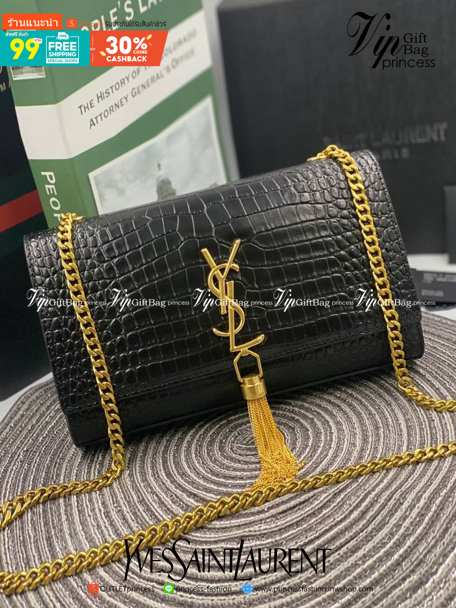 VIP 】หนังแท้ YSL Saint Laurent Kate Tassel Bag in Black Crocodile-Embossed Leather with Gold Hardware