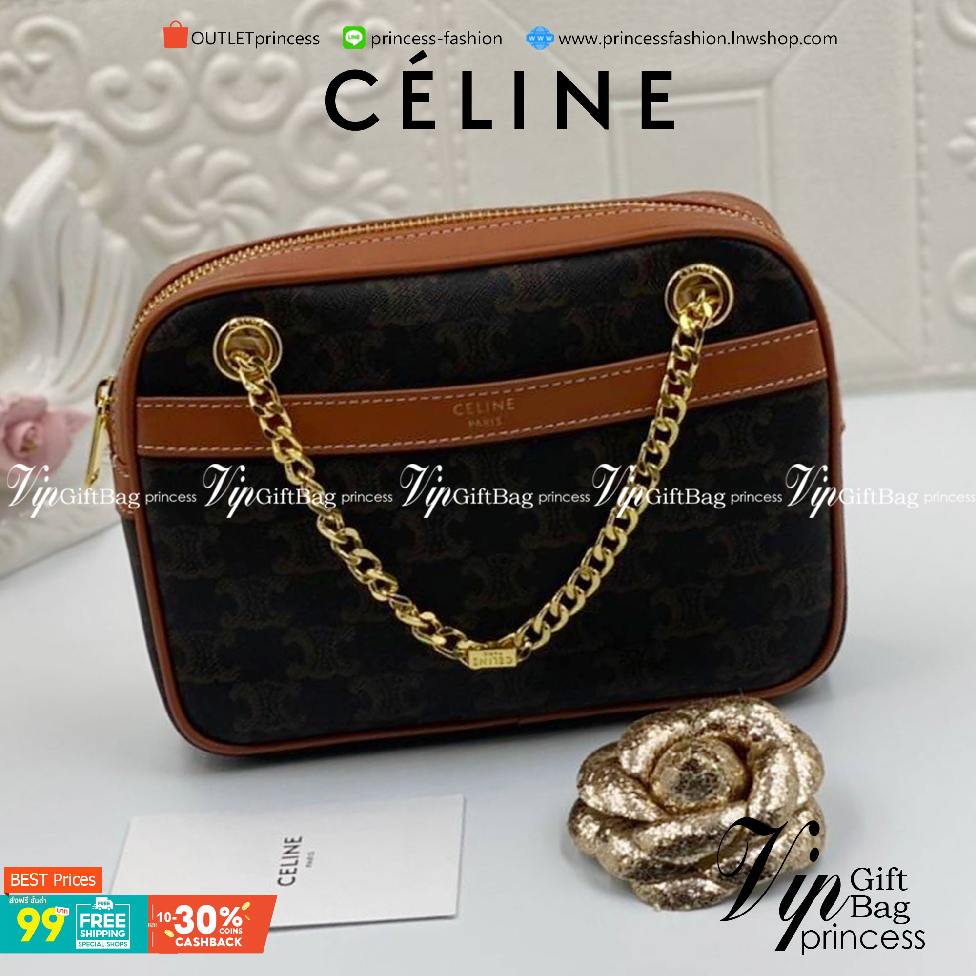 VIP GIFT 】หนังแท้ CELINE SMALL PATAPANS IN TRIOMPHE CANVAS AND CALFSKIN ดีไซน์สวยหรูฮิตสุดในเกาหลี! หนังสวยอยู่ทรง เปิดปิดด้วยซิปแบรนด์สีทอง ภายในโล่งกว้างและจุสามารถใส่มือถือ กระเป๋าสตางค์ ของใช้ได้เยอะ สายสะพายโซ่อะไหล่ทองหรูเลื่อนได้จะใช้สายคู่สะพายไหบ