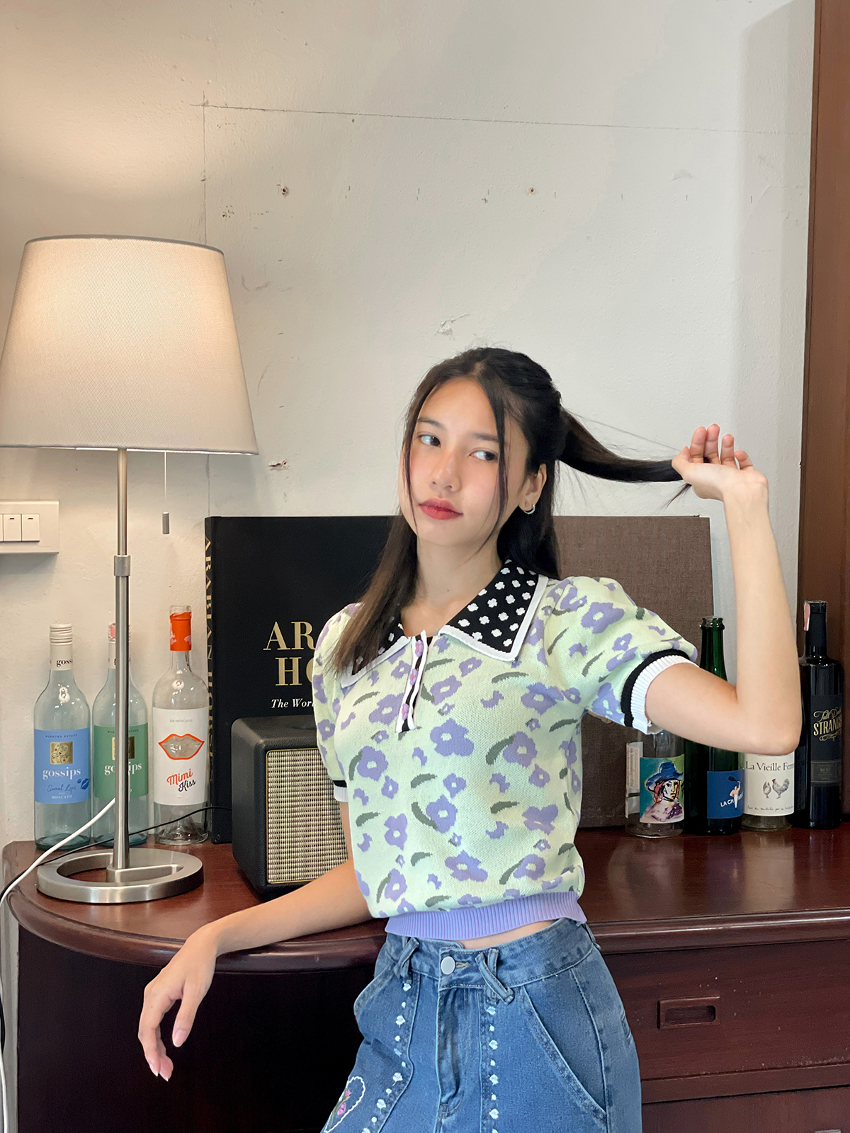 พร้อมส่ง 🦖🍃 Paploy tops เสื้อแขนสั้นผ้าโปโลทอลายดอกสีสันสดใสมาก (IN38484)