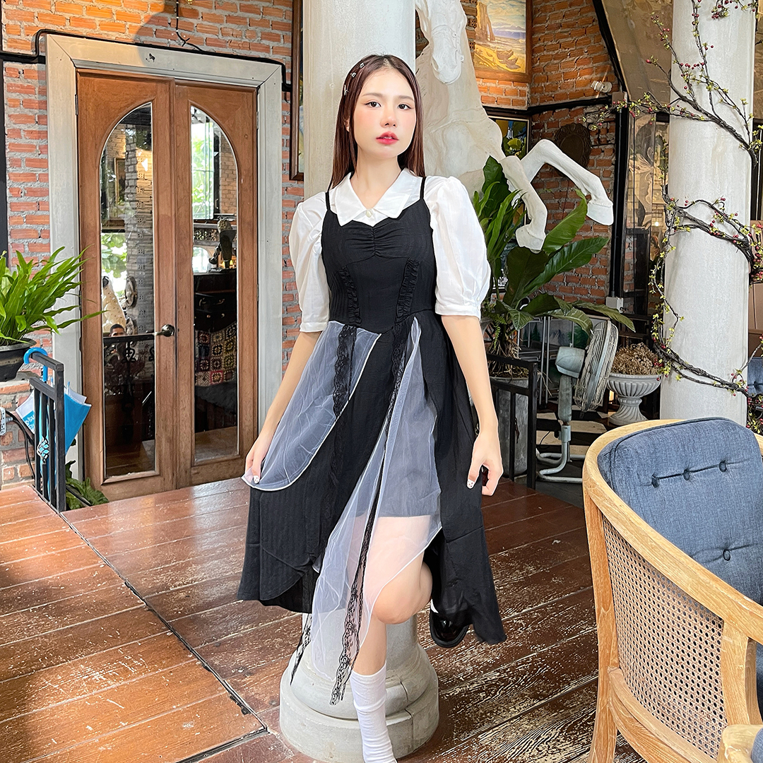 พร้อมส่ง 🥣 Black pop dress เดรสสายเดี่ยวสีดำแต่งเลเยอร์น่ารัก (IN38459)