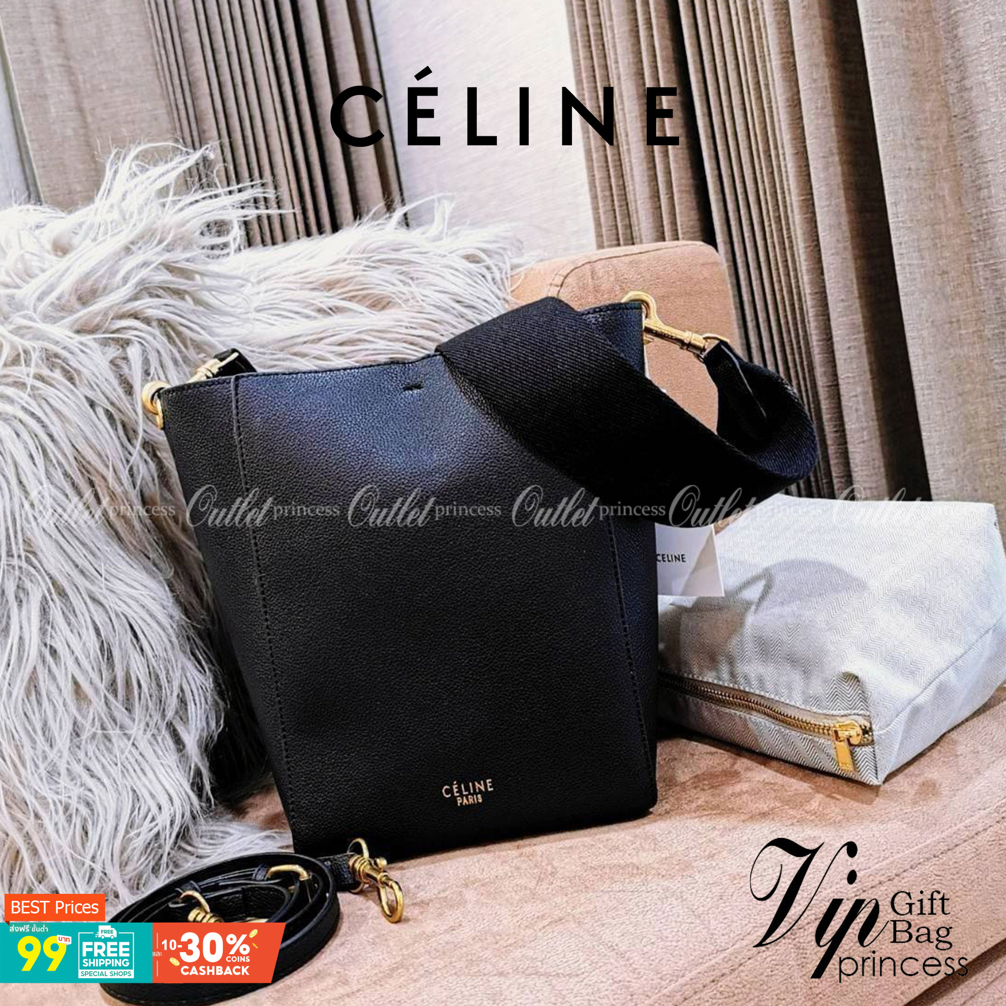 CELINE TRIOMPHE BUCKET BAG VIP GIFT WITH PURCHASE (GWP) พรีเมี่ยมกิ๊ฟ Limited Edition จาก CELINE PERFUME DUTY FREE COUNTER วัสดุหนังแท้ CALFSKIN ดีไซน์ทรง Bucket ขนาดกำลังดี มาพร้อมใบเล็กด้านในแยกใช้ได้ น้ำหนักเบา ภายในกว้างใส่ของใช้ได้เยอะพร้อมสายสะพายให