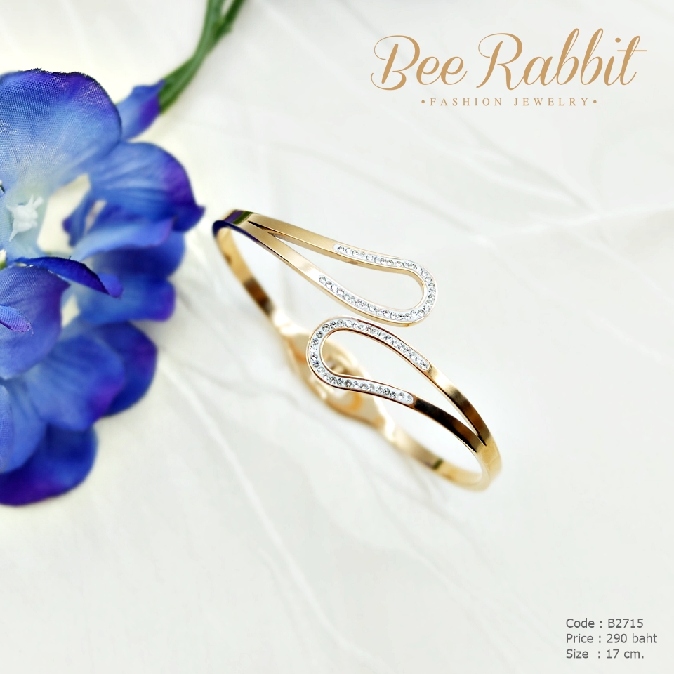 กำไลข้อมือวงรี สแตนเลสสีพิงค์โกลด์ ฝังเพชรcz