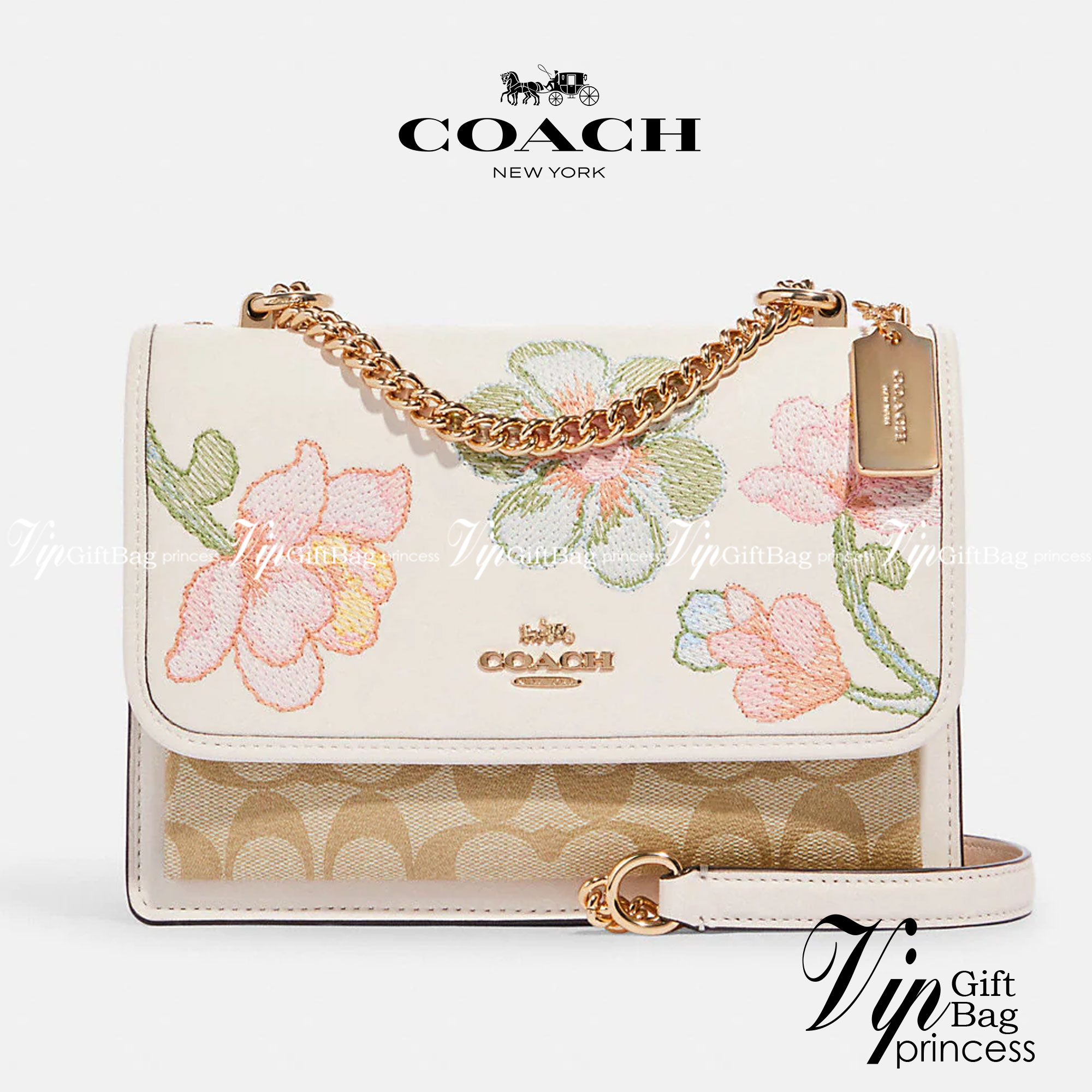 COACH C9230 KLARE CROSSBODY IN SIGNATURE CANVAS WITH FLORAL EMBROIDERY น้องใหม่คอลล่าสุด กับกระเป๋าสะพายข้าง โทนสีละมุนลูกคุณหนู ดีไซน์ปักดอกไม้เพิ่มลูกเล่น ให้ดูแพง วัสดุผนังแคนวาสสลับหนังแท้ สายสะพายโซ่สลับหนัง สะพายยังไงก็ขับผิว เปิด-ปิดด้วยกระดุมแม่เห