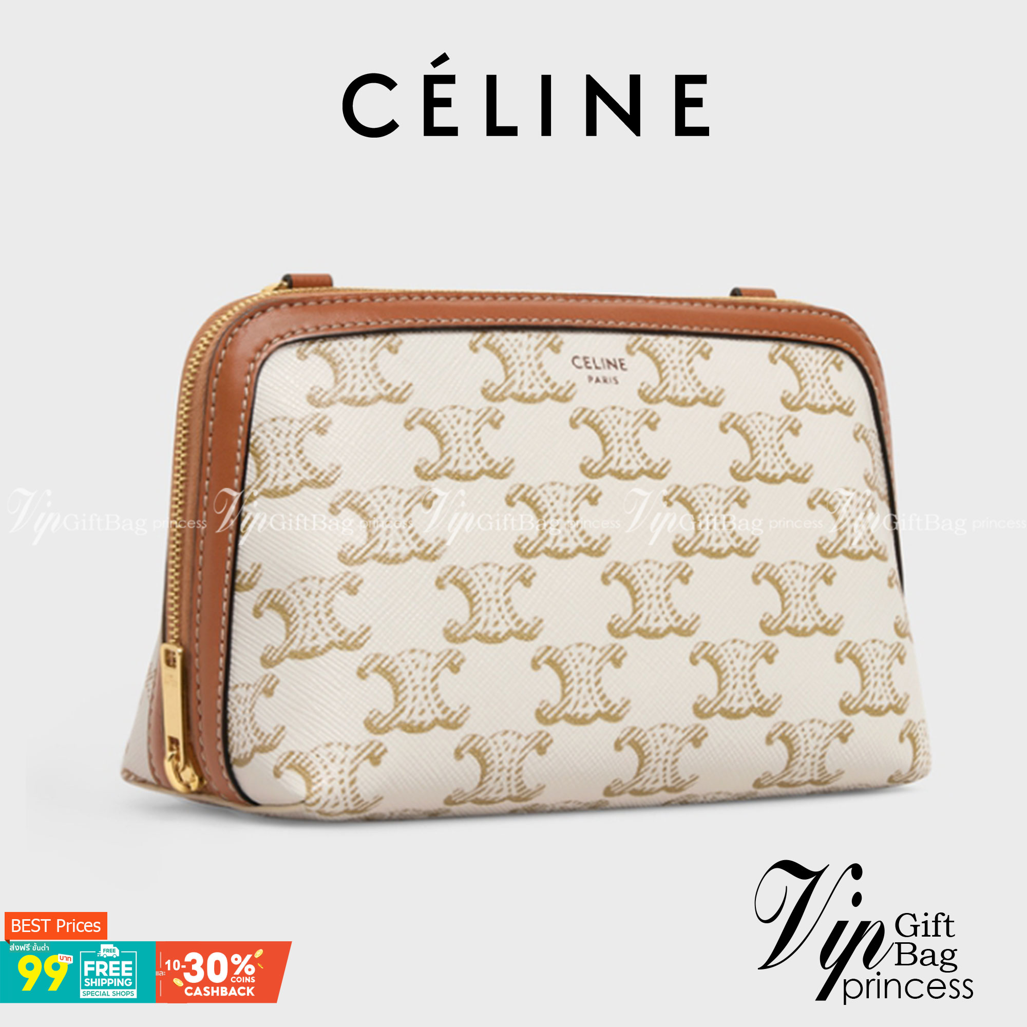หนังแท้ CELINE CLUTCH WITH CHAIN IN TRIOMPHE CANVAS AND LAMBSKIN