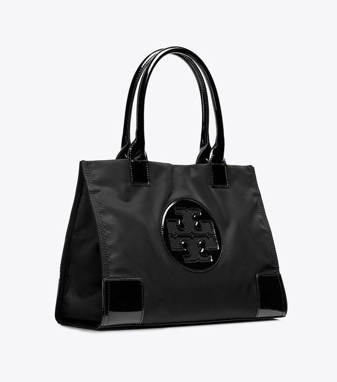 TORY BURCH ELLA PATENT MINI TOTE TOTE BAG กระเป๋าทรง SHOPPING วัสดุ NYLON ทั้งใบตัดด้วยหนังแก้วเงาสีดำ