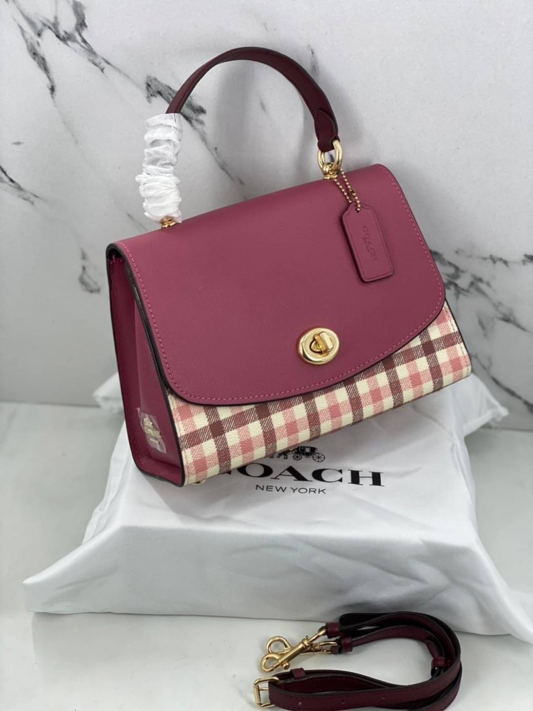 COACH TILLY TOP HANDLE SATCHEL WITH GINGHAM PRINT (COACH F76615) BROWN PINK MULTI/GOLD