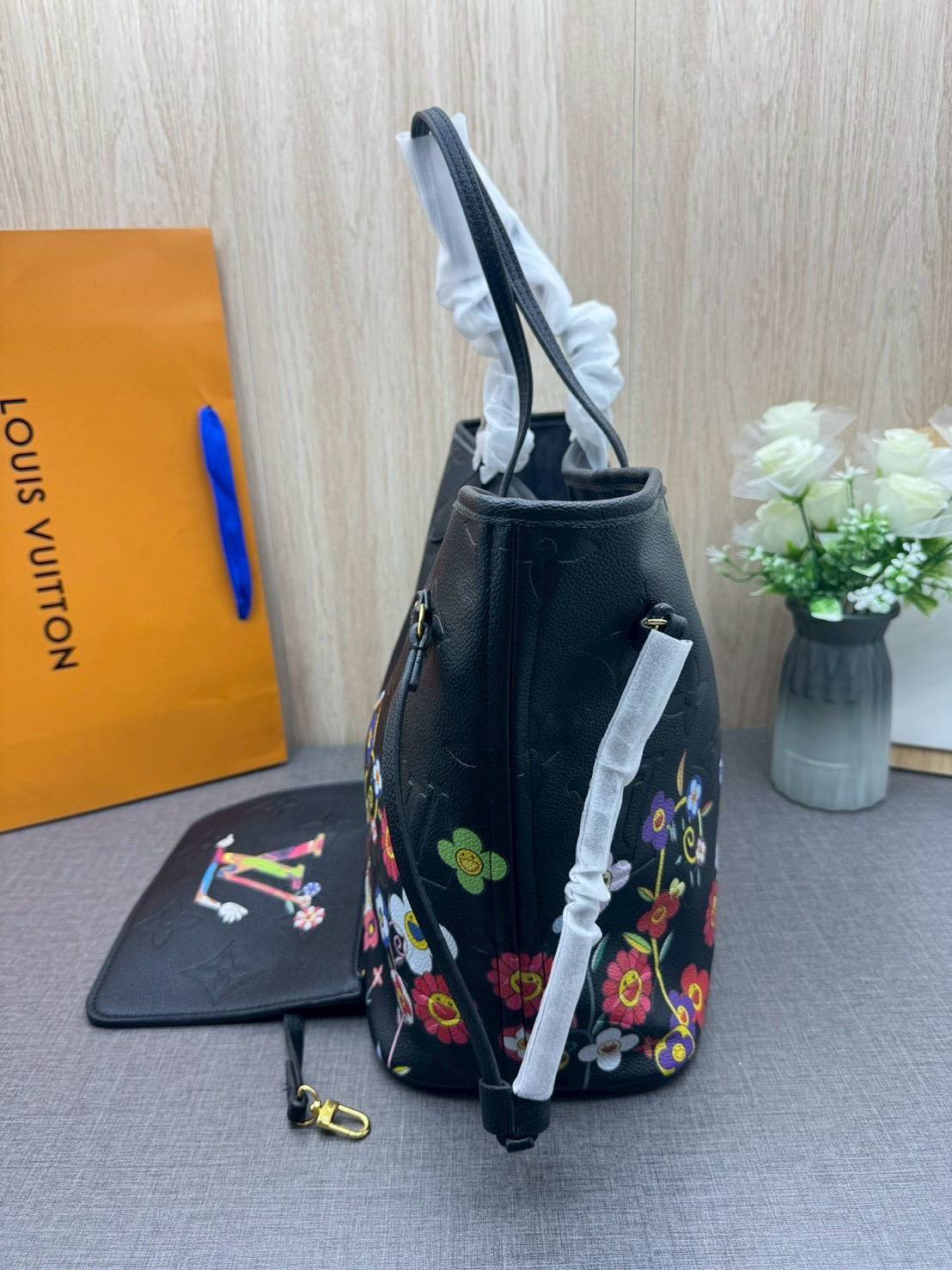 ORI หนังแท้ | LV x TM Neverfull MM Monogram Flower motifs colorful Black / LV Tote Bag กระเป๋าสะพายทรงโท้ทใบใหญ่ ลายดอกไม้หลากสีสดใส