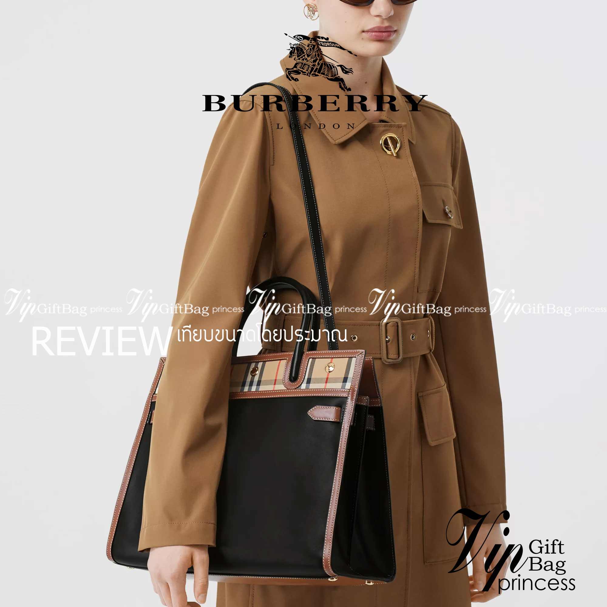 BURBERRY Women Vintage Check Two-handle Title Bag / BURBERRY Leather and Vintage Handle Bag อีกหนึ่งไอเท็มหายาก วัสดุ Leather Calfskin ลายวินเทจประดับกระดุมทองสวยหรูดีไซน์คลาสสิคคงไว้ซึ่งเอกลักษณ์แบรนด์ด้านข้างคาดด้วยสายหนังแท้ปรับทรงได้ หูจับหนังแท้แข็งแ