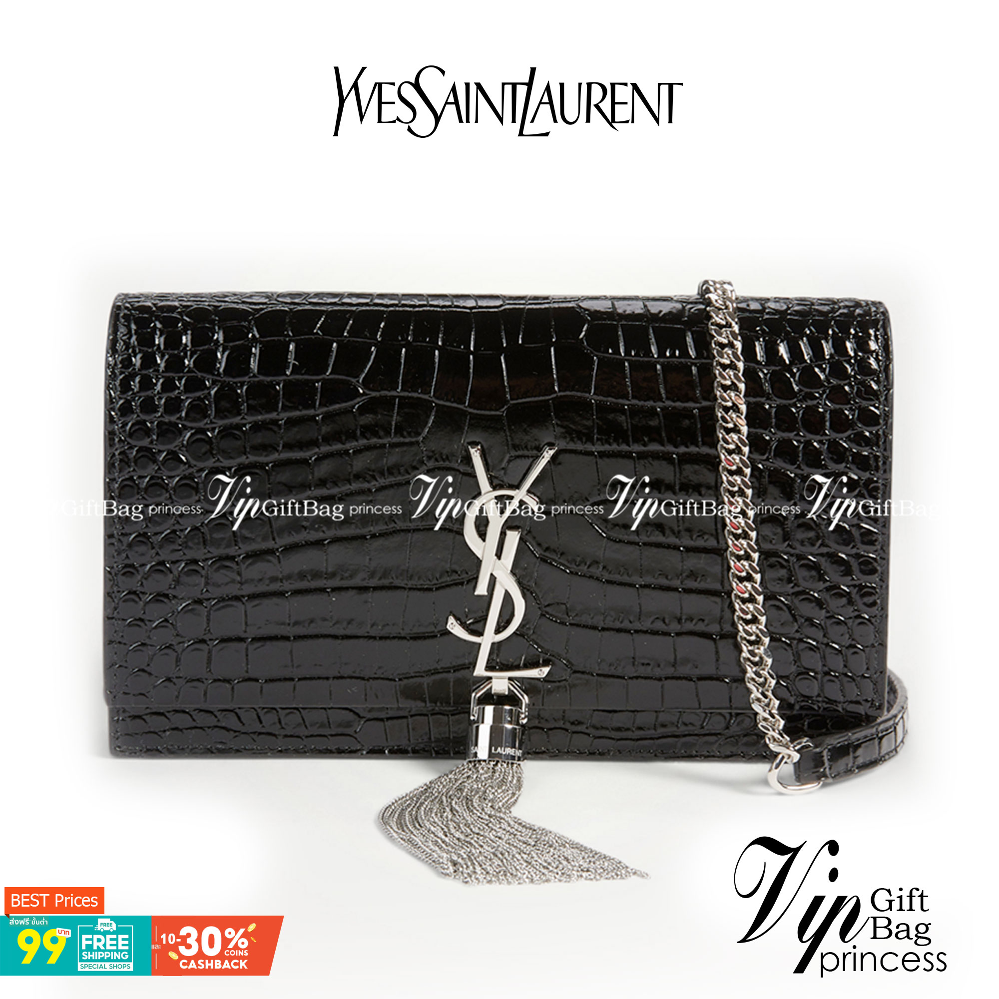 VIP 】หนังแท้ YSL Saint Laurent Kate Tassel Bag in Black Crocodile-Embossed Leather with Chain