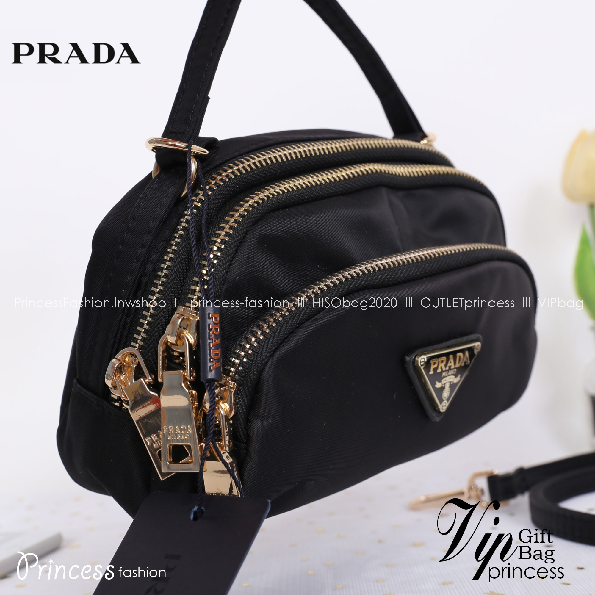 PRADA MINI 3 ZIPPER NYLON HANDBAG & SHOULDER BAG กระเป๋าถือหรือสะพายทรง dome size mini วัสดุ nylon มีหูหิ้วจับถนัดมือ