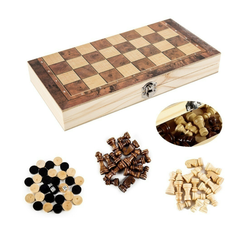 ชุดหมากรุกสากลไม้พับได้ 3 ใน 1 พร้อมหมากฮอสและแบ๊กเกมม่อน (Chess,Checker,Backgammon)