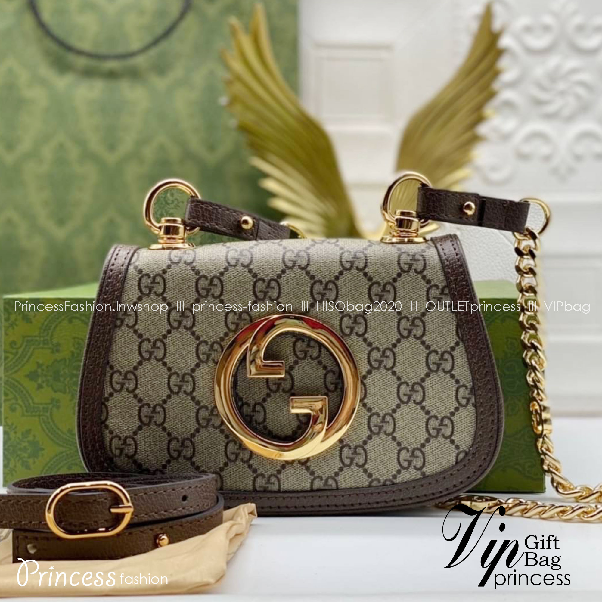 GUCCI Blondie mini shoulder bag / Gucci pouch เกรดออริจินอล ภาพสินค้าถ่ายจากงานขายจริง ใช้งานต่างประเทศได้ Interlocking G ในรูปแบบเรขาคณิต ฮาร์ดแวร์โทนสีทองช่วยเพิ่มความวินเทจให้กับสไตล์