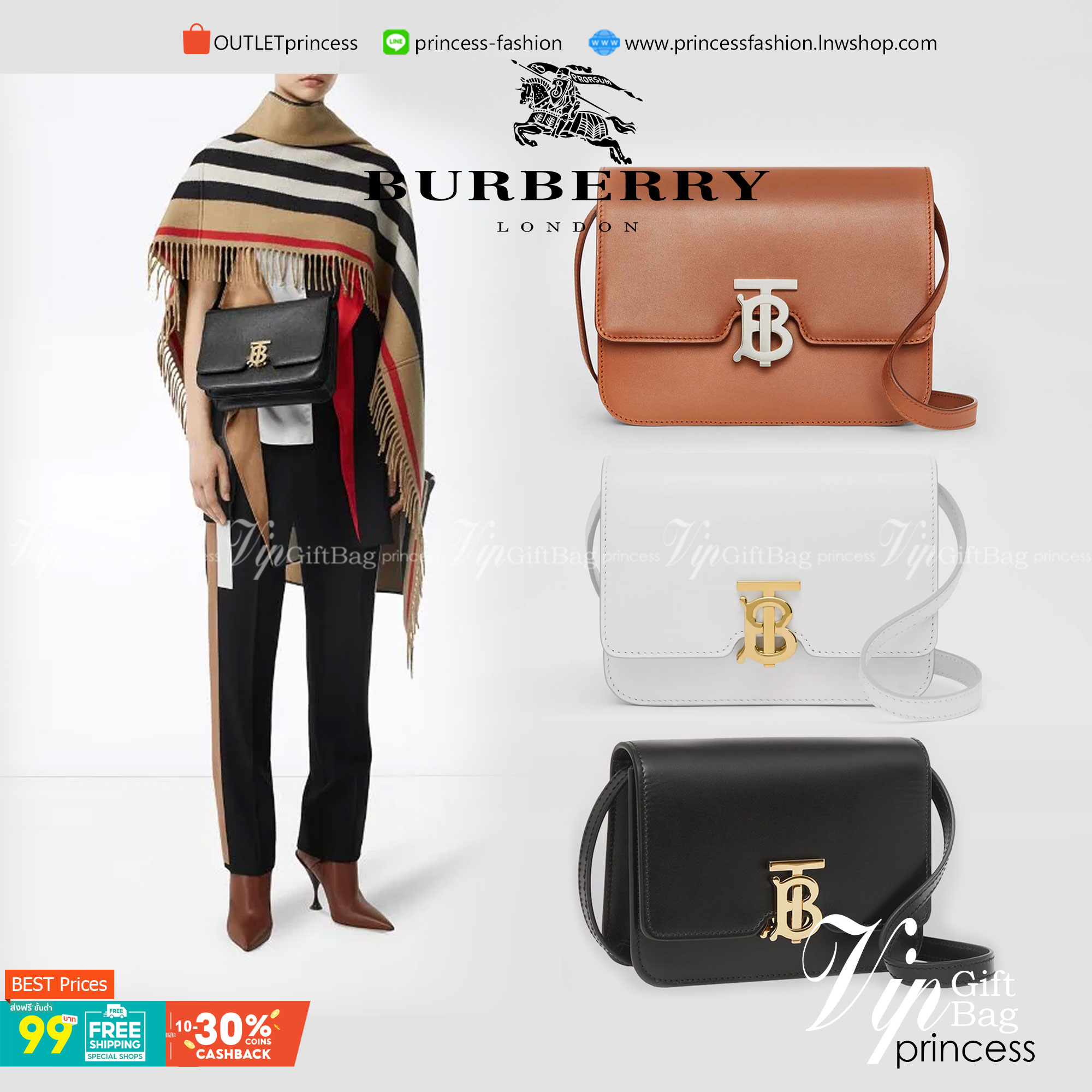 BURBERRY Leather Medium TB Bag / BURBERRY FRAGRANCES CROSSBODY BAG กระเป๋าสะพายหนังเรียบสวยอยู่ทรงดีไซน์ยอดนิยมประดับโลโก้แบรนด์ทองด้านหน้า เปิดปิดด้วยฝาปิดสัญลักษณ์ตัวB ภายในมีช่องแบ่งเป็นสัดส่วนมีช่องซิปหัวซิปแบรนด์